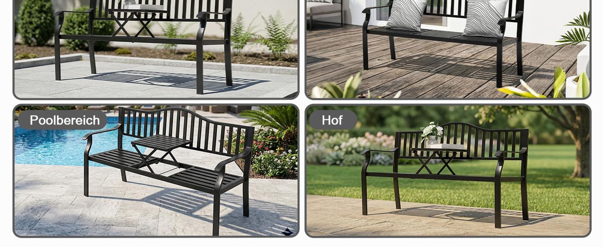Avestar Gartenbank Outdoor Terrassenbank, E-beschichteter Metallrahmen Parkbank mit integriertem kleinen Tisch, Schwarz