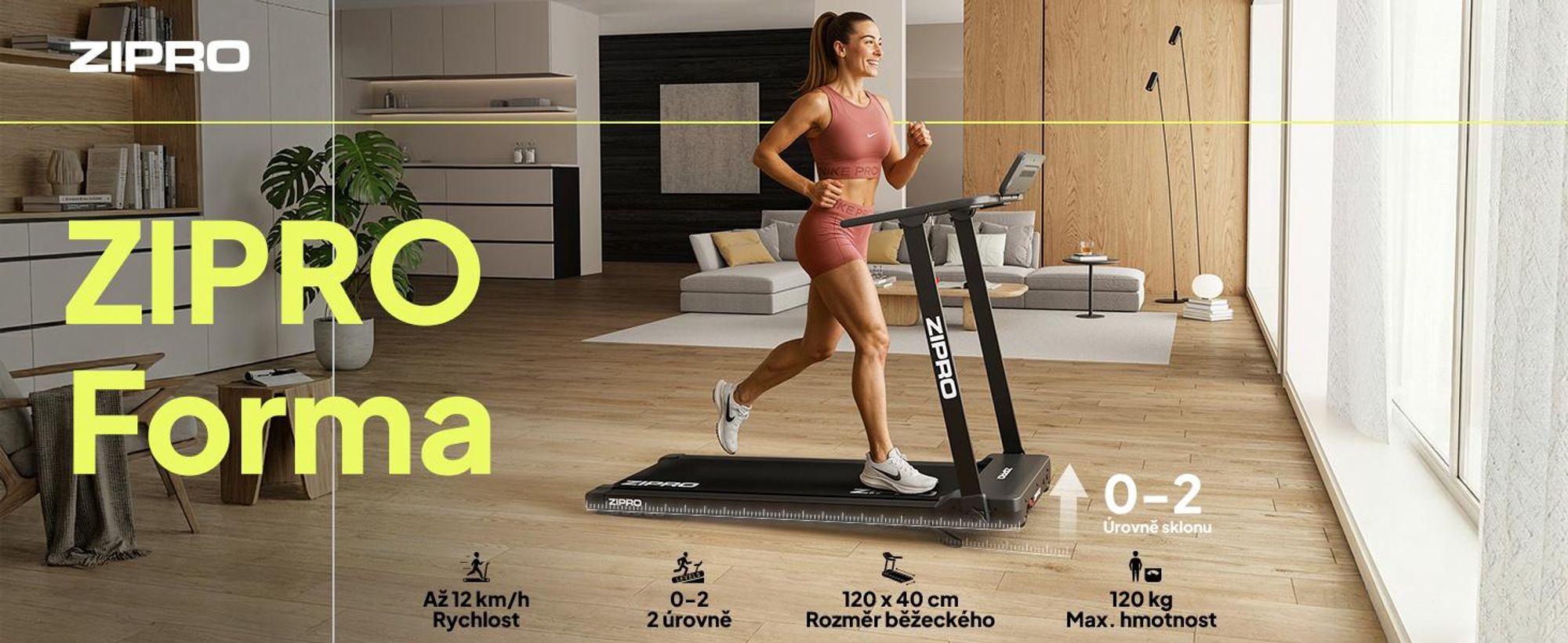Elektrický bežecký pás ZIPRO Forma | Skladací bežecký pás pod posteľ | 1–12 km/h | Pás 120 x 40 cm | Tlmenie nárazov Reel Feel | Zwift Kinomap | do 120 kg