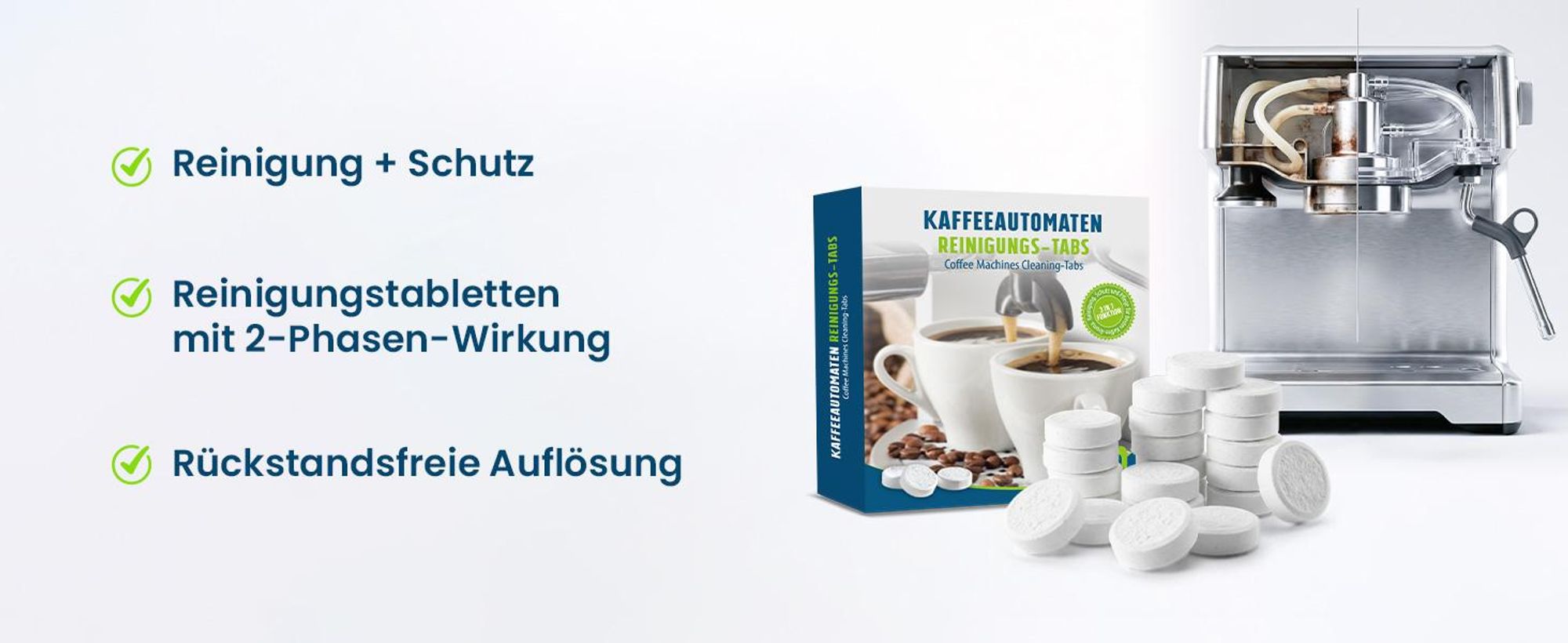 Reinigungstabletten für Kaffeemaschinen, 100 Stk, entfernt Kaffeefett & Öle, für Siebträger & Vollautomaten, schonend reinigend, umweltfreundlich