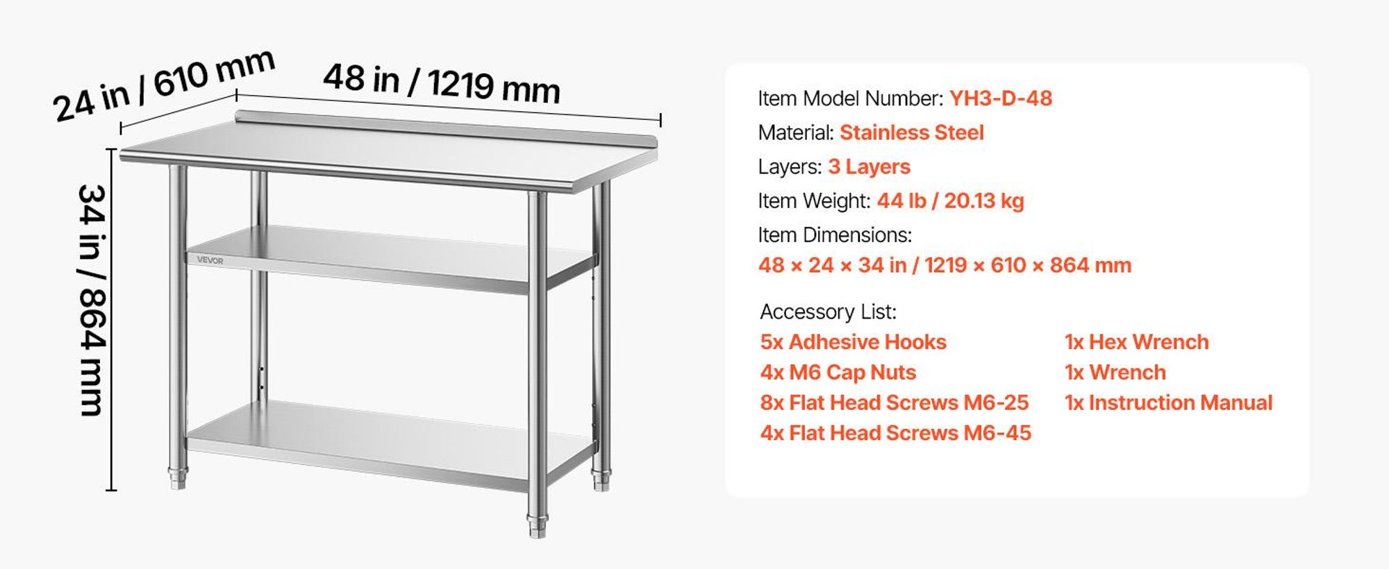 VEVOR Edelstahl Vorbereitungs Tisch, 24 x 24 x 34 Zoll, Schwerlast Metall Arbeitstisch mit 3 verstellbaren Höhenstufen, Gewerbliche Arbeitsstation für Küche Garage Restaurant Garten
