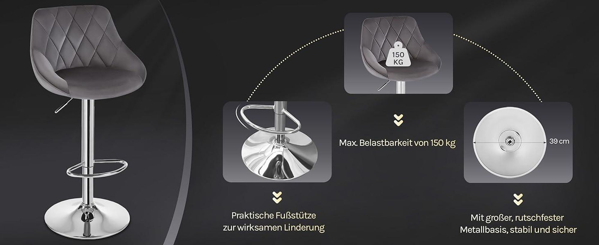 WOLTU 2er-Set Barhocker Barstuhl mit gepolsterter Sitzfläche aus Samt , höhenverstellbar drehbar, Dunkelgrau