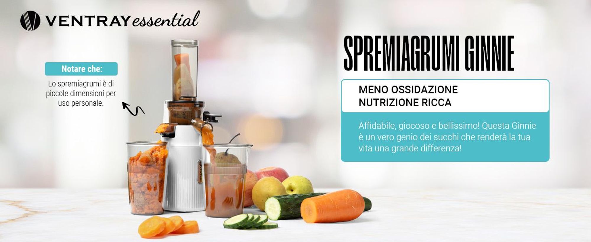 Ventray Essential Ginnie - Spremiagrumi a freddo, spremiagrumi lento compatto e silenzioso (60 giri al minuto, apertura di alimentazione di 45 mm), senza BPA, 400 ml, facile da pulire