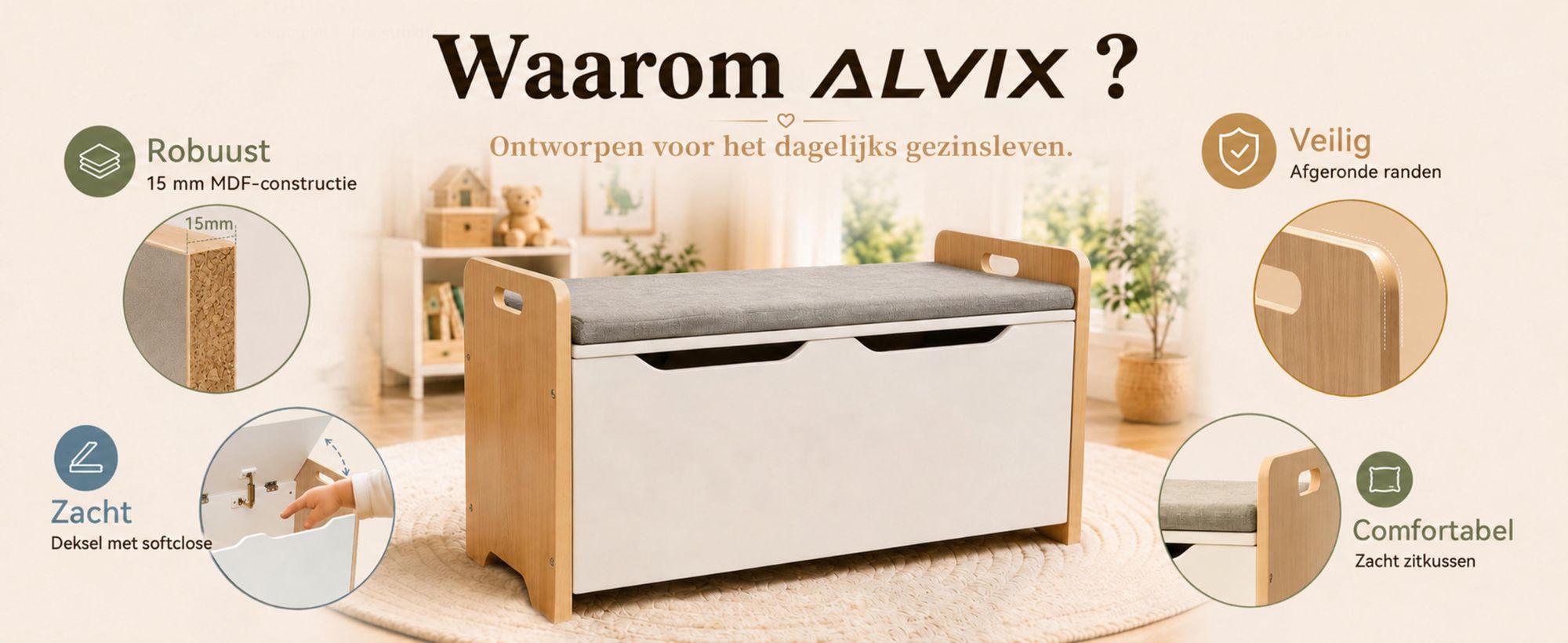 ALVIX Speelgoedkist NESTA 1, kinderbank met opbergruimte, speelgoedopslag, speelgoedkist met zachte sluiting, zitbank voor kinderkamers, 83x40x48 cm