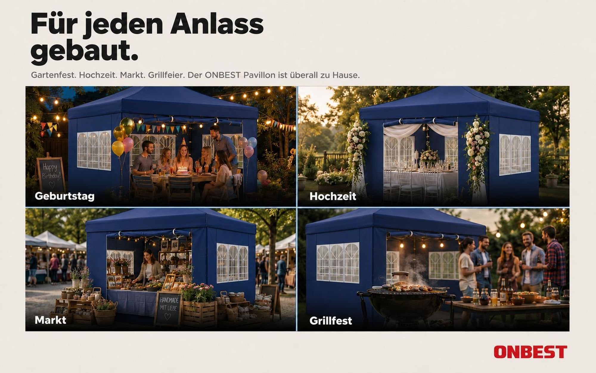 ONBEST Pavillon 3x3 | Wasserdicht | faltbar | Blau | mit Sandsäcke | Heringe | Seile | UV50+ | Premium