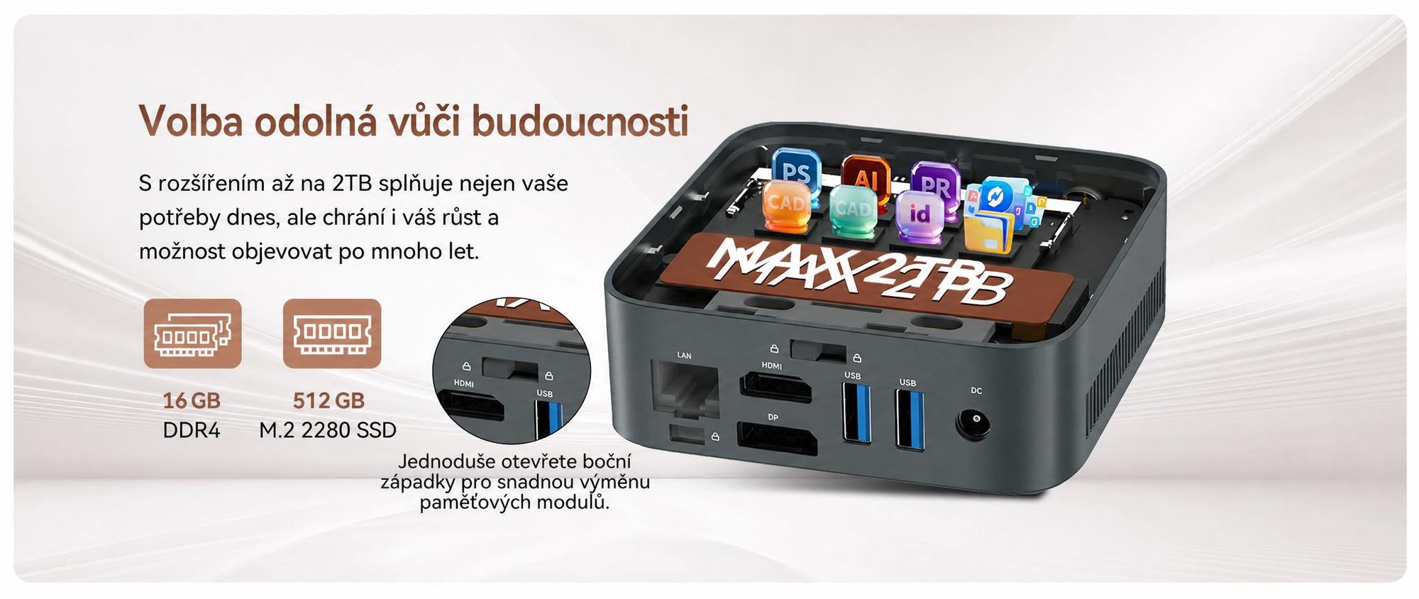 Stolní počítač Blackview Huidun H80 MiniPC, AMD Ryzen 5 3500U, 16 GB DDR4, 512 GB SSD, duální gigabitové připojení LAN, duální 4K výstup, montáž VESA, ultra tichý (26 dB)