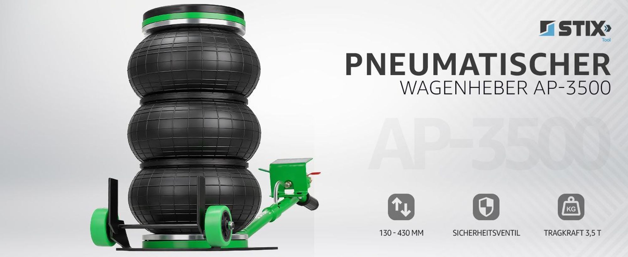 Pneumatischer Wagenheber AP-3500 STIX mit Luftkissen, Tragkraft 3,5T, Hubbereich 130–430 mm