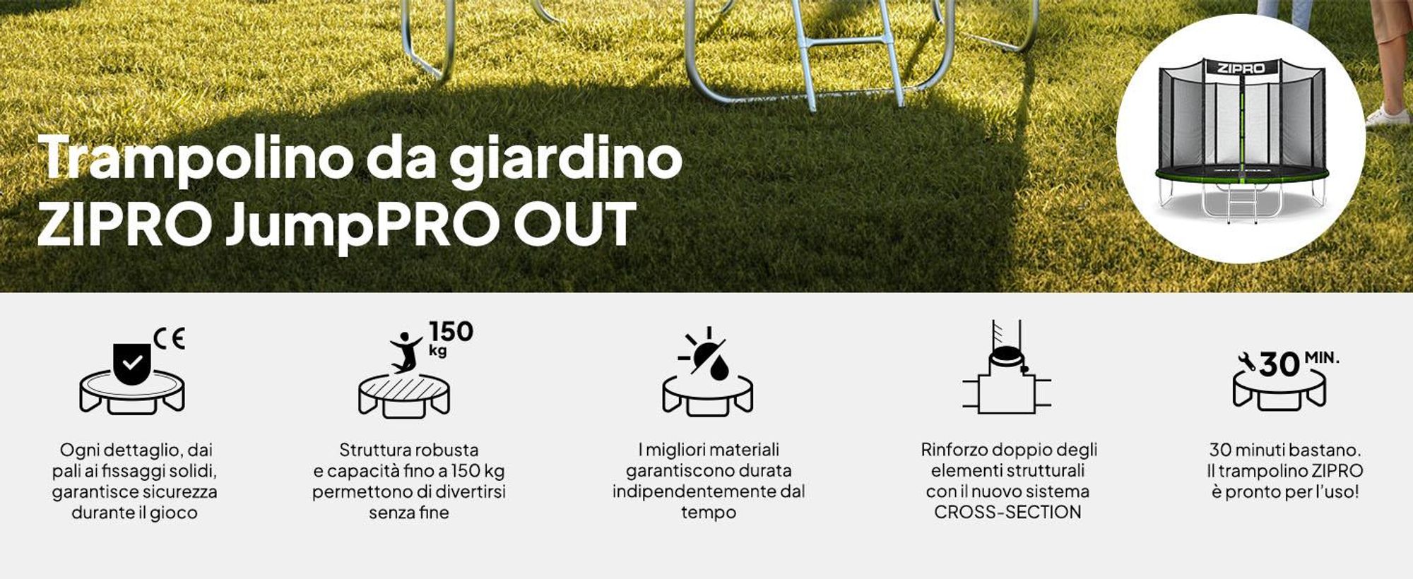 ZIPRO Trampolino Jump Pro Out | 8FT Ø 252 cm | Trampolino da giardino Trampolino per bambini Set completo incl. rete esterna, scaletta e copertura perimetrale, per esterni, verde