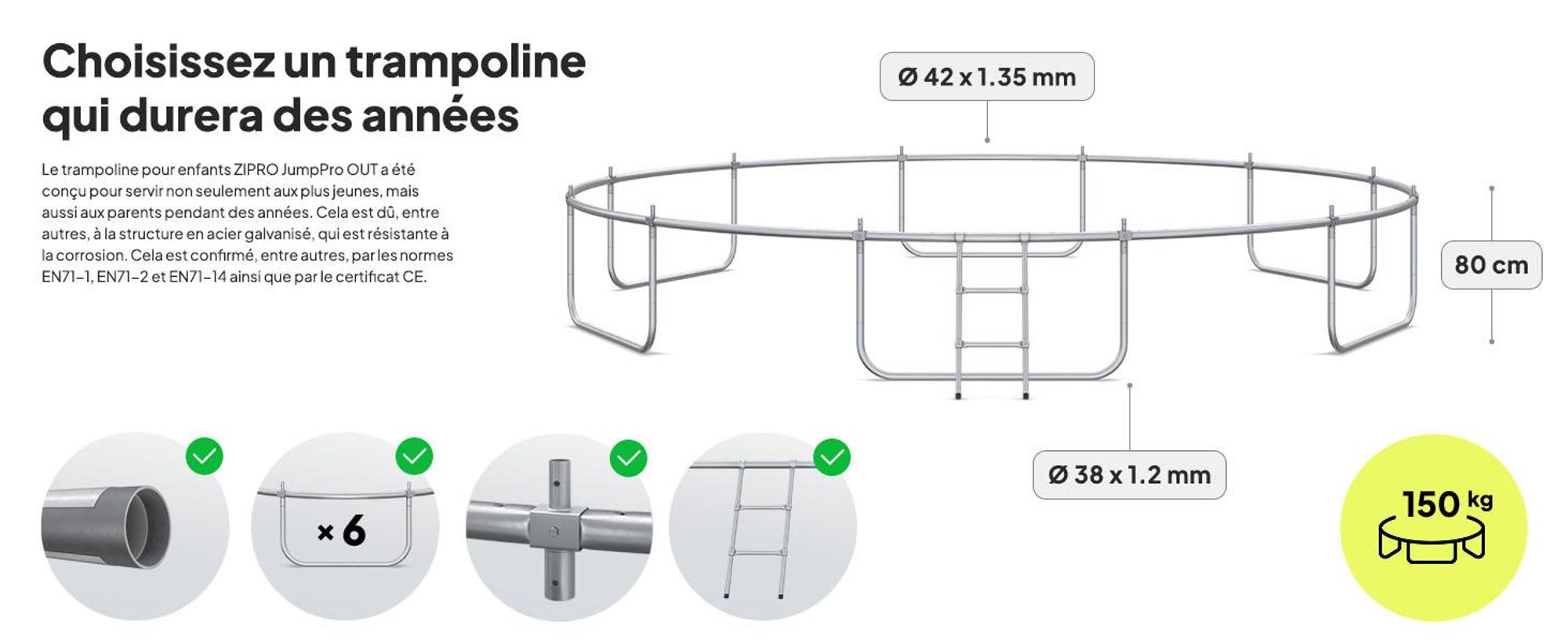 Trampoline ZIPRO Jump Pro Out | 16FT Ø 496 cm | Trampoline de jardin Trampoline pour enfants Kit complet avec filet extérieur, échelle et housse de protection, pour l'extérieur, vert