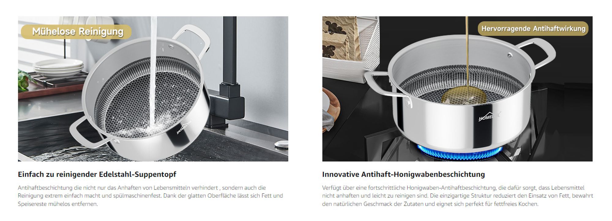 Topf 26cm 5,2L Edelstahl Kochtopf Induktion mit Glasdeckel,Töpfe mit Wabenstruktur Beschichtete