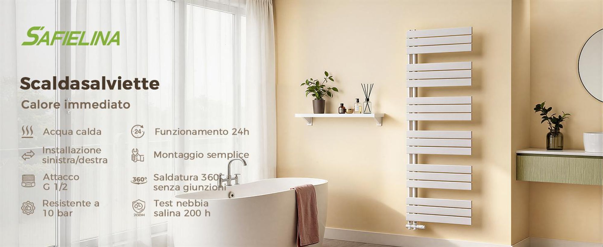 S'AFIELINA - Radiador de diseño para baño, 762x400 mm, radiador toallero, blanco, panel plano, conexión lateral, radiador para baño, secador de toallas, 342 vatios