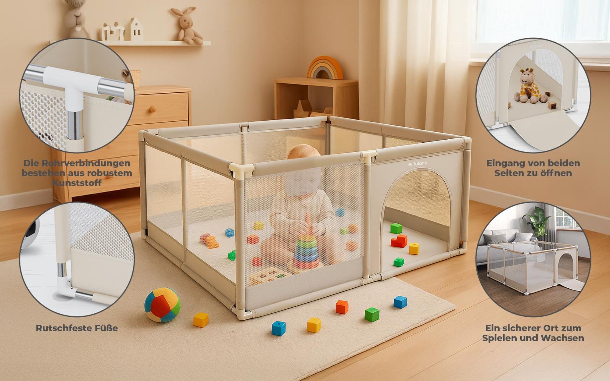 Tulano Cozy 20 Laufstall mit Boden für Kinder, Indoor & Outdoor, Metallrahmen, Netzseiten, rutschfeste Füße, Beige