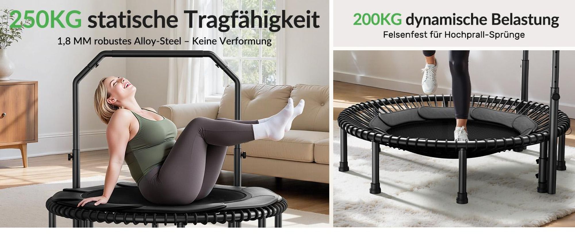 BCAN 48“ Rebounder-Trampolin für Erwachsene, 226 kg Tragkraft, Bungee-Seilen, Verstellbarer Griff, stabil, leise, Innen/außen, Ganzkörpertraining
