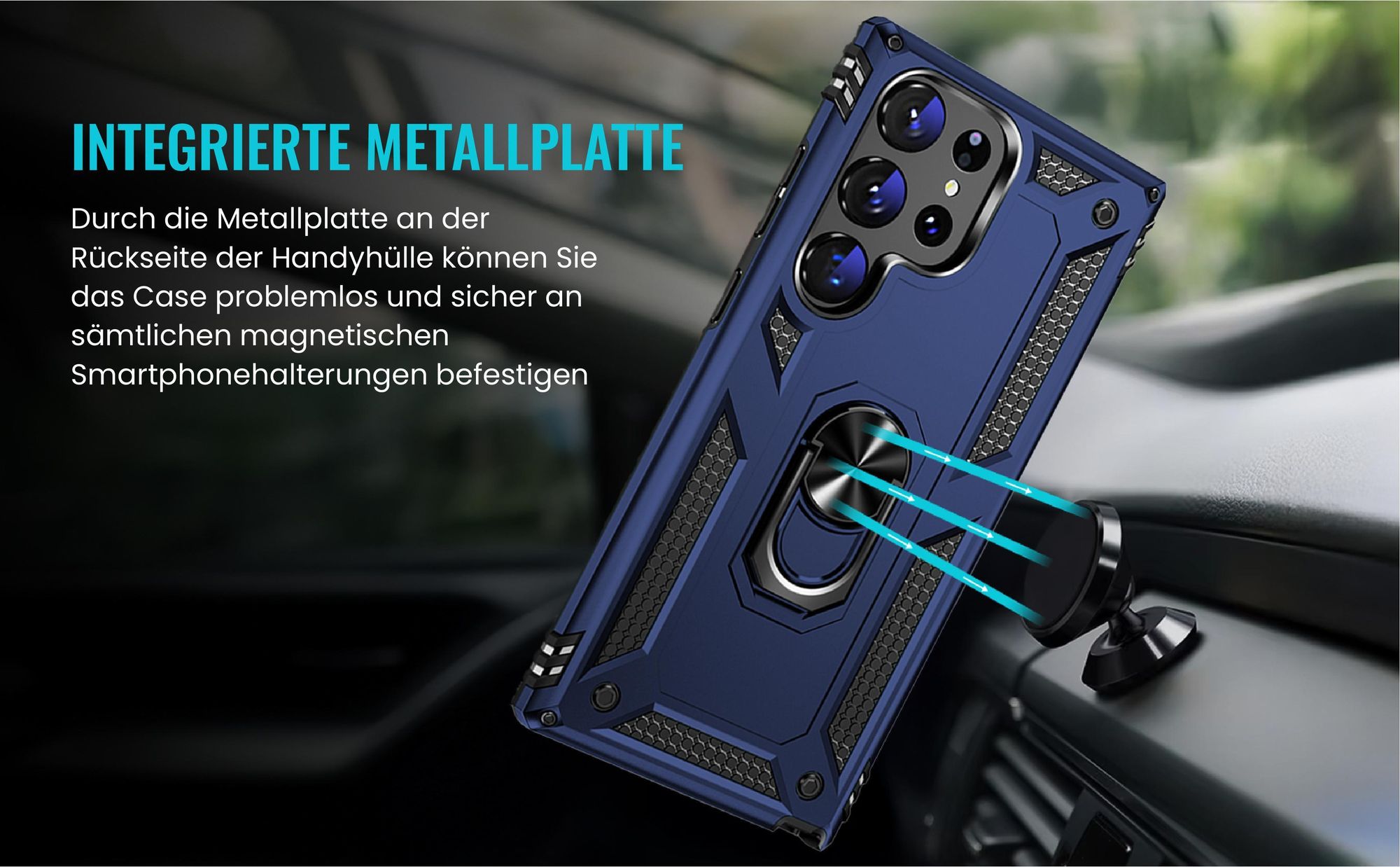 Bumper für Samsung Galaxy S23 Ultra in Blau mit Metallplatte