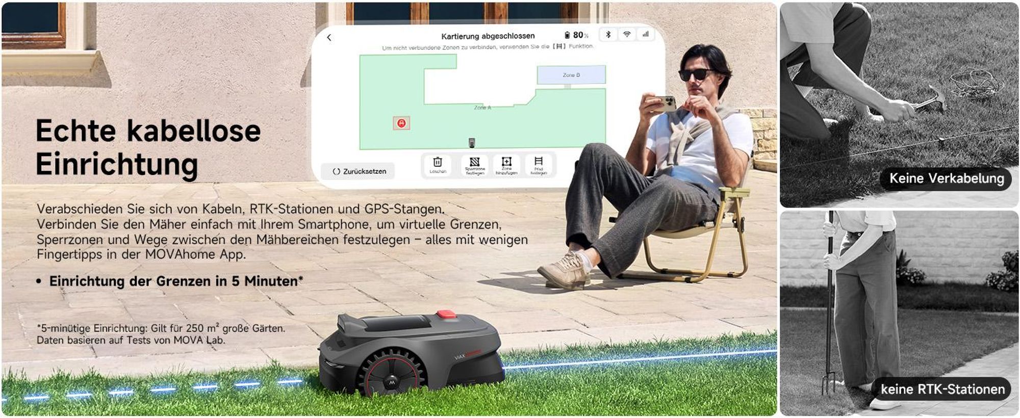 MOVA ViAX 250 Mähroboter – 250 m², UltraEyes™ KI-Dual-Vision, U-Bahnplanung, Dual-Map, Hindernisvermeidung, App-Steuerung, 50min Akkulaufzeit
