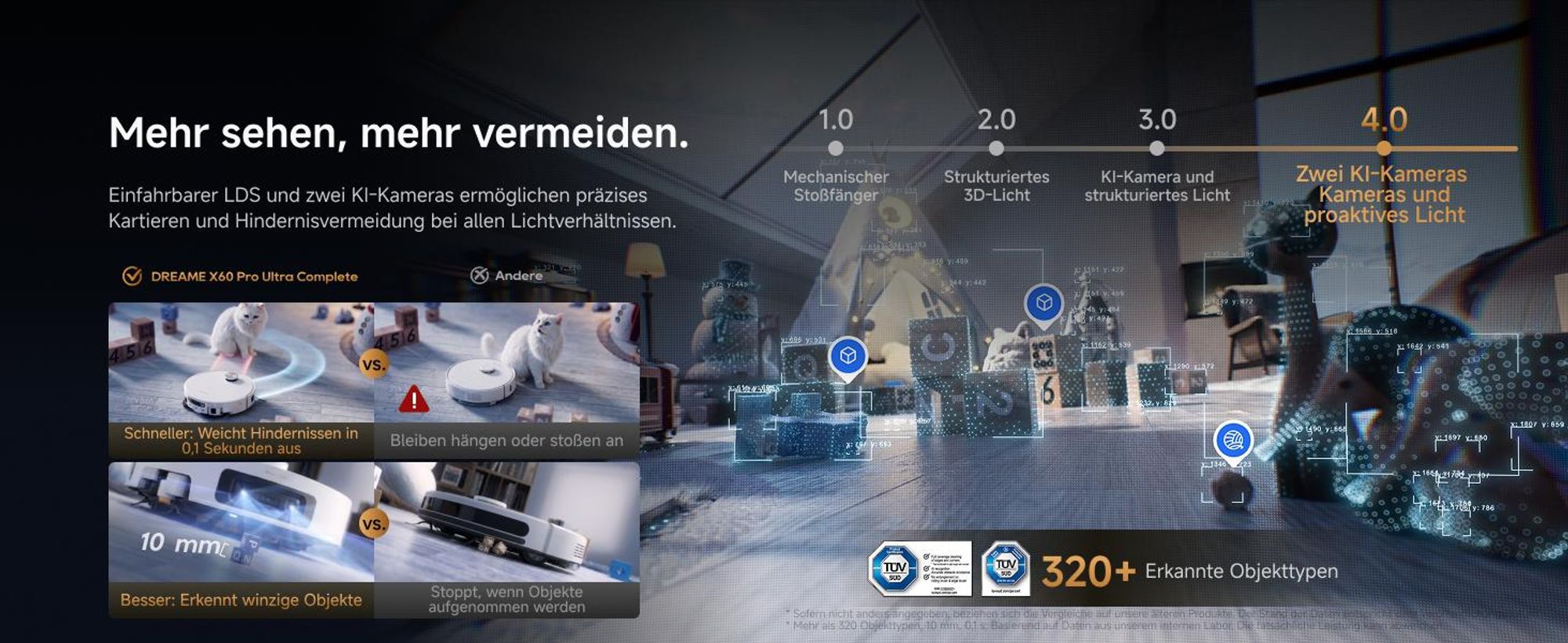 DREAME X60 Pro Ultra Complete Saug- und Wischroboter mit Wischfunktion,42KPa,DuoBrush 2.0,KI Omni 3.0,10cm Anhebung,100°C Wischmopp,100% Entwirrung