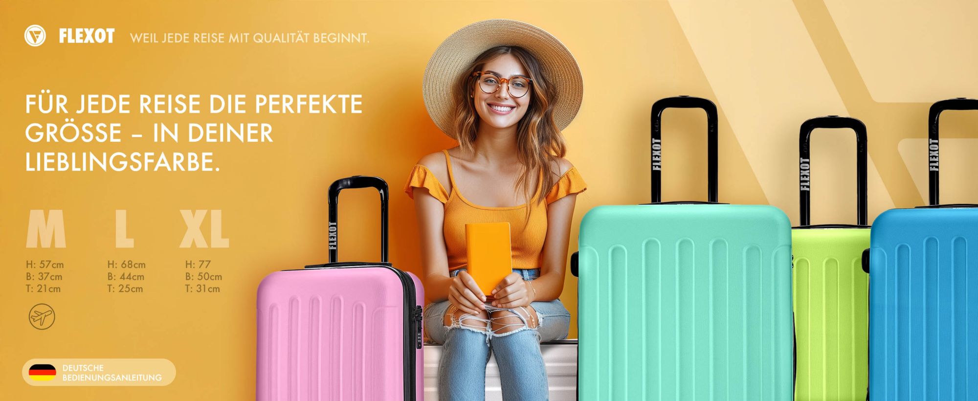 Flexot® Trolley - Handgepäck Koffer M, Aluminium-Teleskopstange, ABS-Hartschale, erweiterbares Volumen, Größe M, 360° Rollen, Rollkoffer, Bordcase