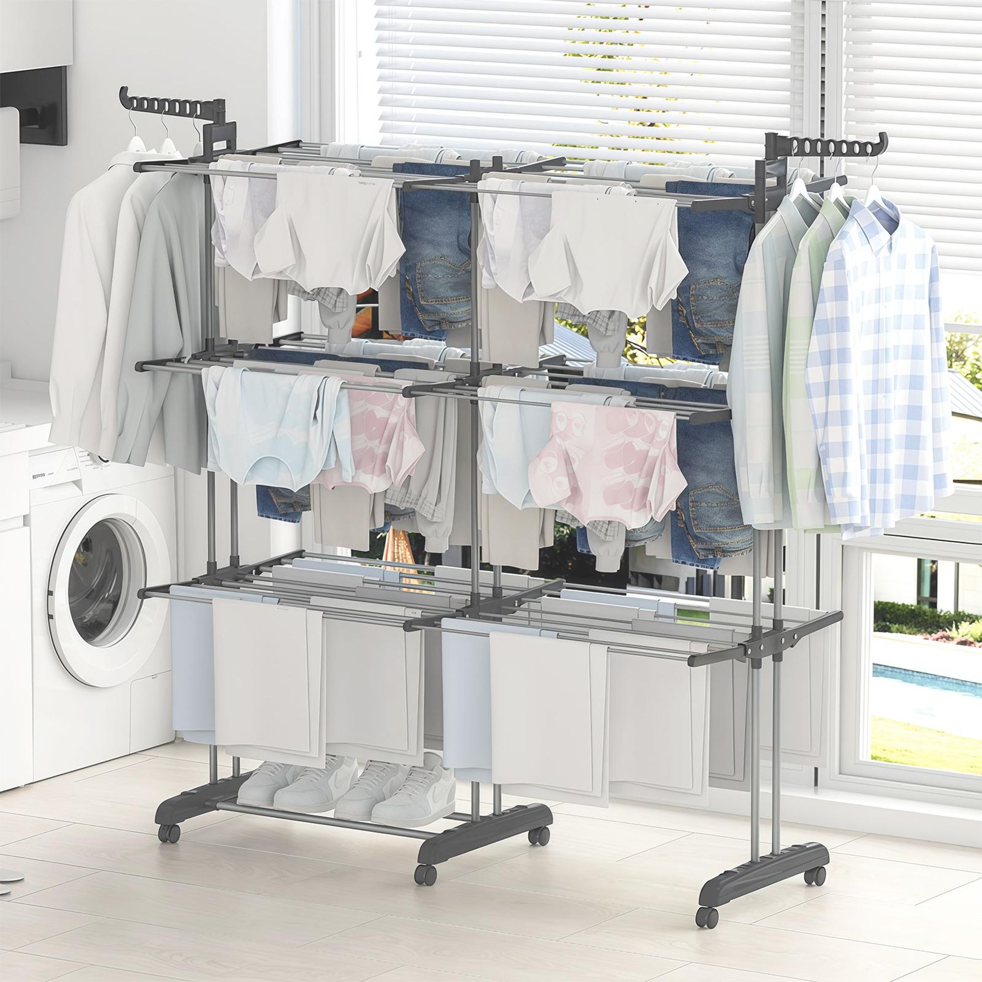 Doppelreihen Wäscheständer mit 2 Stück Sockentrockner, 4 Ebenen, klappbare Flügel, Standtrockner, einfacher Aufbau, groß, Grau