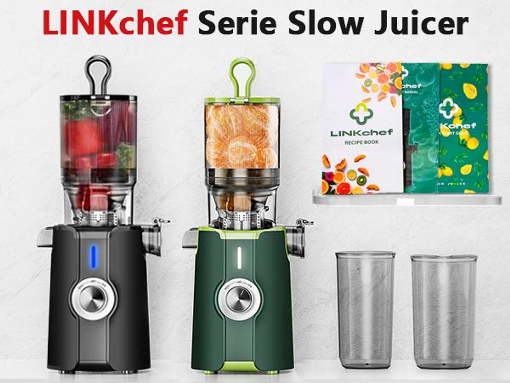 LINKChef SJ-051-EU-BL Lento Spremiagrumi -  Potenza 200W Ampia capacità 1.2L Doppi vassoi di alimentazione Facile da pulire - Nero