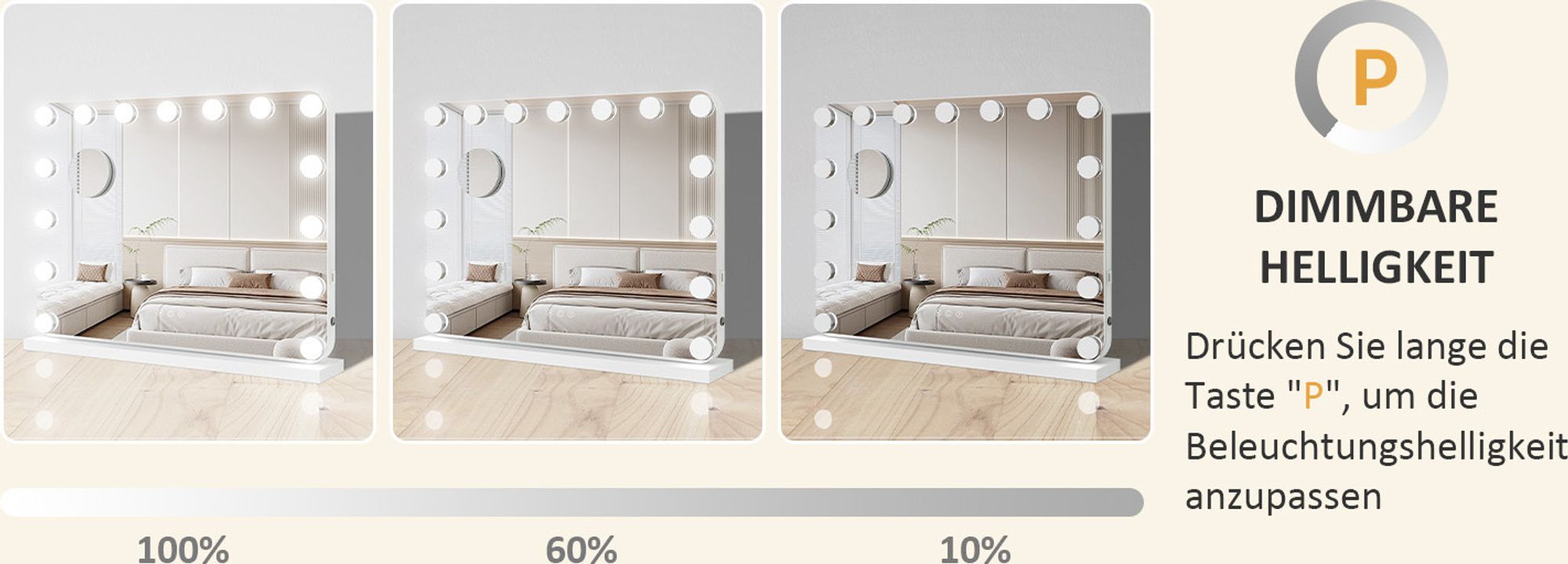 Puluomis Schminkspiegel Kosmetikspiegel 58x45cm Hollywood Spiegel Dimmbar mit 15 LED Beleuchtung 3 Farben, mit USB, 10x, Wandspiegel weiß, rund Ecke
