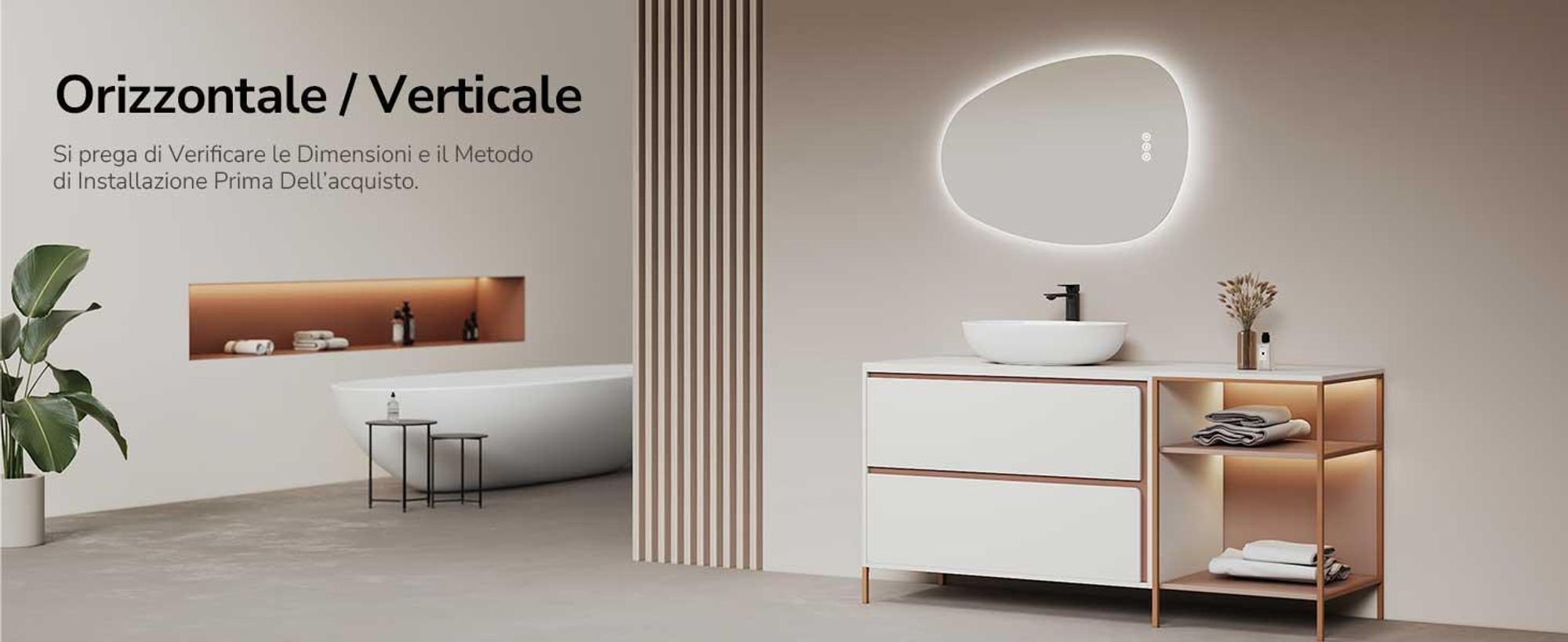 EMKE Specchio da bagno con illuminazione 75 x 55 cm Specchio da bagno dimmerabile con 3 colori di luce, Specchio da bagno asimmetrico con antiappannamento, interruttore a sfioramento