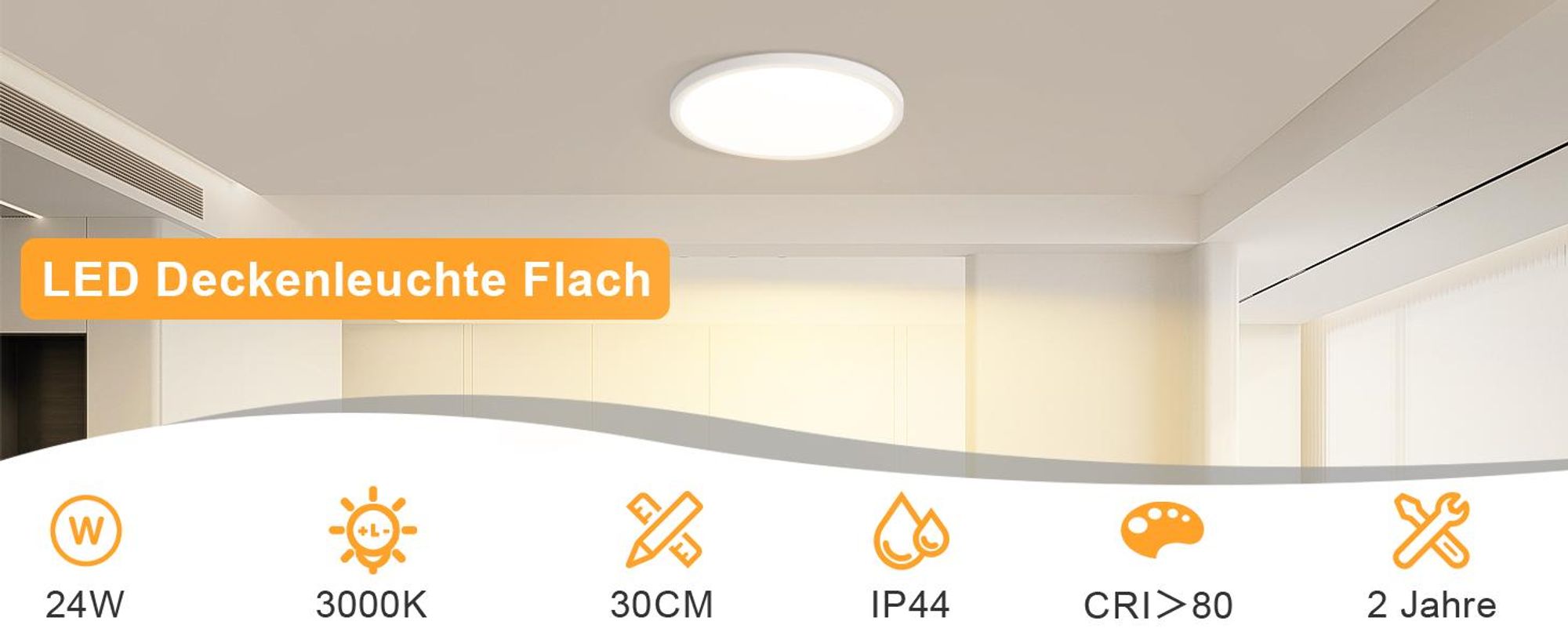 ZMH LED plafondlamp, 24W, plat, diameter 30cm, rond, witte plafondverlichting, geschikt voor slaapkamer, hal, badkamer, keuken en woonkamer. Kleurtemperatuur: 3000K