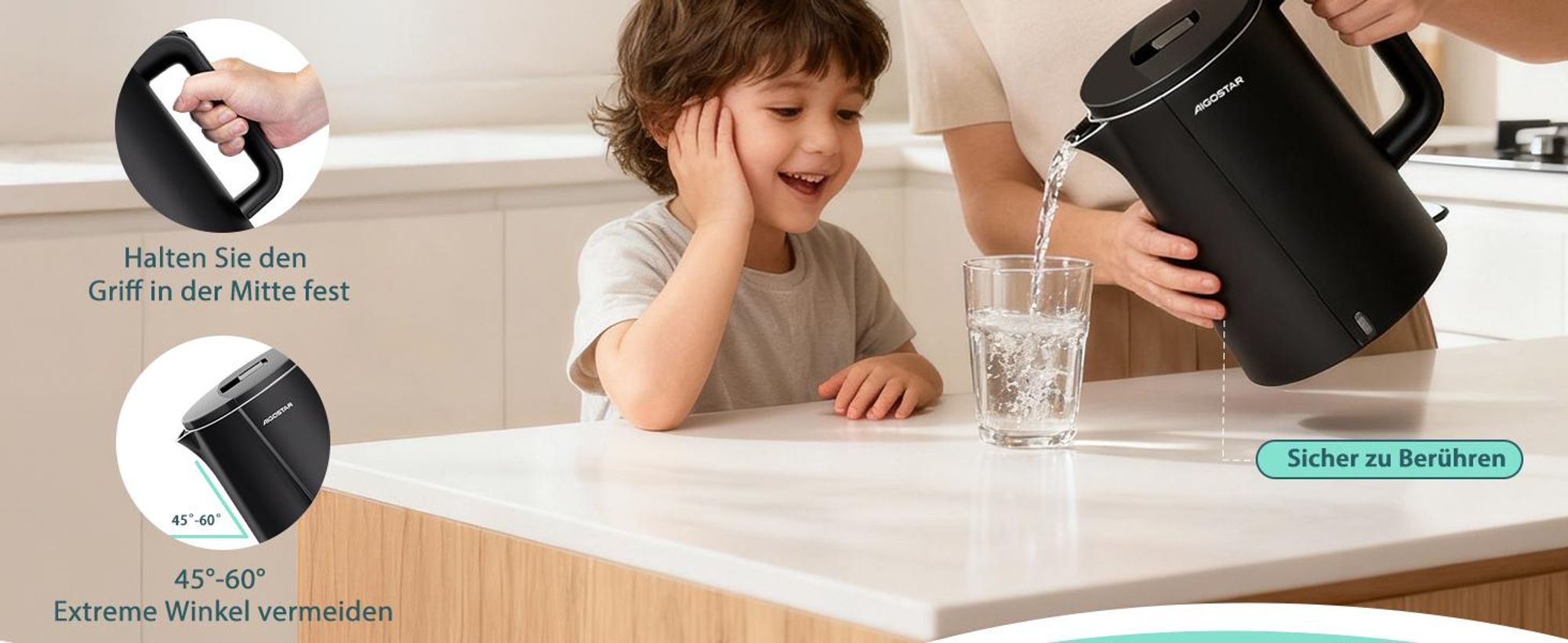 Aigostar - Doppelwand Edelstahl Wasserkocher, 2200W, 1,7 L, Schwarz