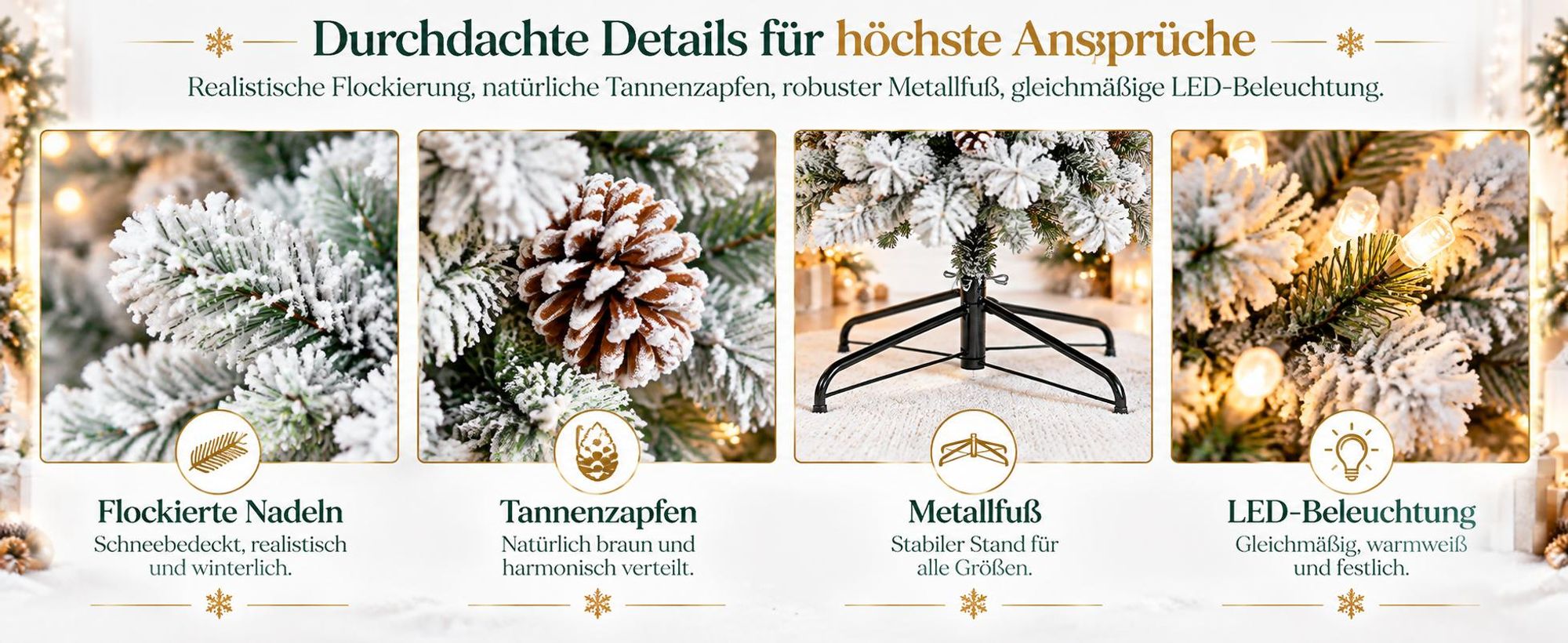 Künstlicher Weihnachtsbaum 235 cm mit 500 warmweißen LEDs, Schneebedeckter Tannenbaum mit 86 Zapfen, PE/PVC Mix, Metallständer
