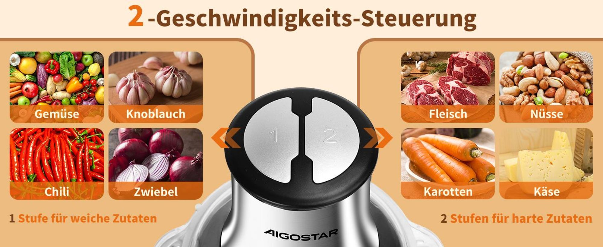 Aigostar Fleischwolf Zerkleinerer küche elektrisch, Multizerkleinerer für Fleisch, 500W, 2 Geschwindigkeiten, 4 Edelstahlklingen