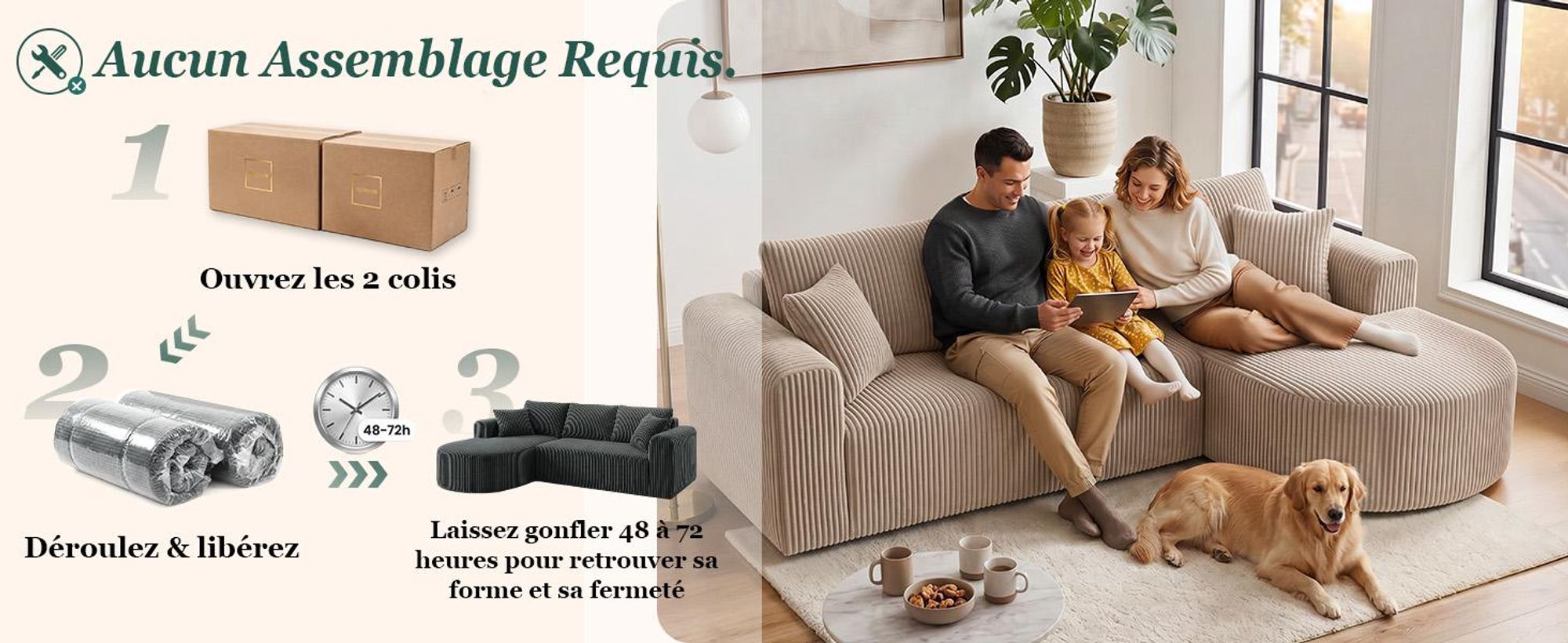 Canapé d'angle COMHOMA avec fonction convertible, 263 cm, en velours, modulaire, sans structure visible, avec chaise longue, canapé d'angle convertible, canapés modulaires avec coussins et poche latérale
