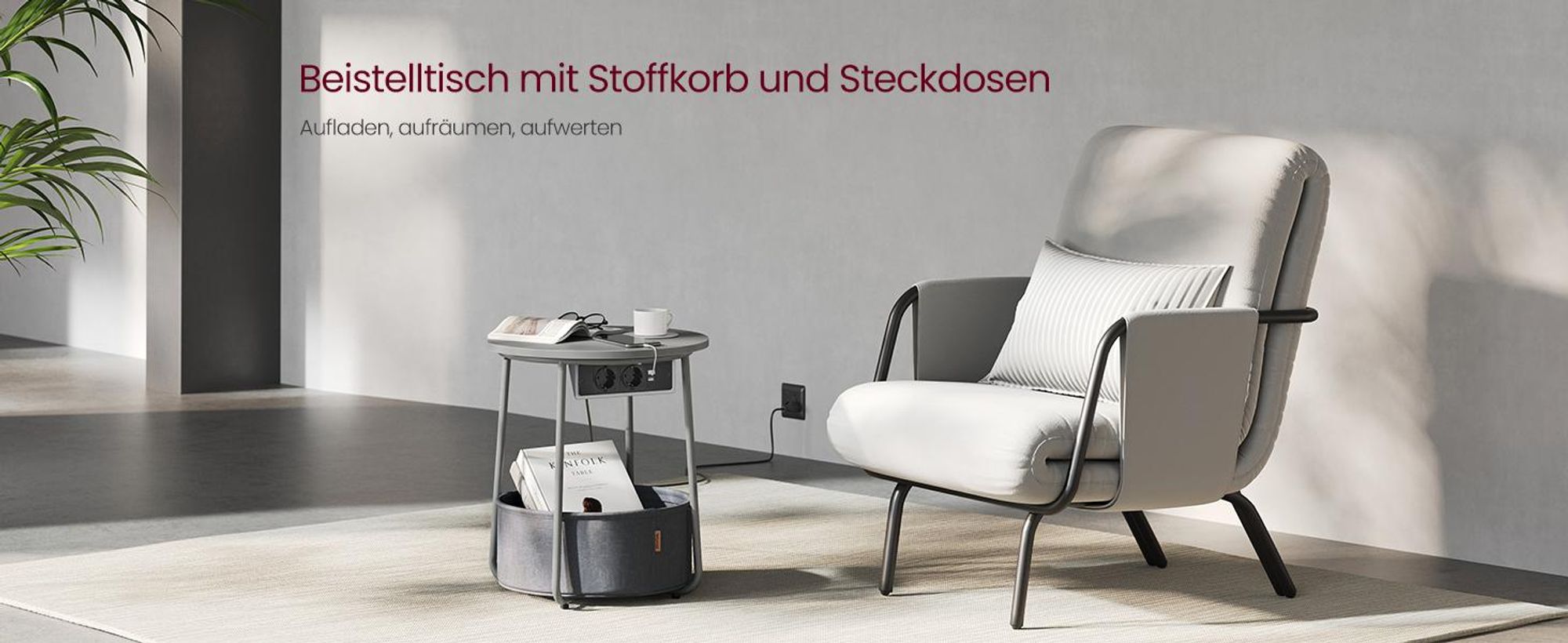 VASAGLE Beistelltisch rund, mit Steckdose, USB-Anschlüsse, Ø45 cm, taubengrau-schiefergrau