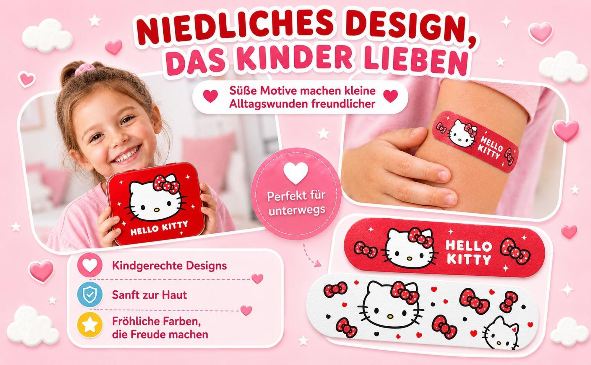 Hello Kitty Rot Kinderpflaster Lizensiertes Produkt - Metall-Box - 24 Pflaster - Schönes Design Pflaster Aufbewahrungsbox für Kinder - 1 Box