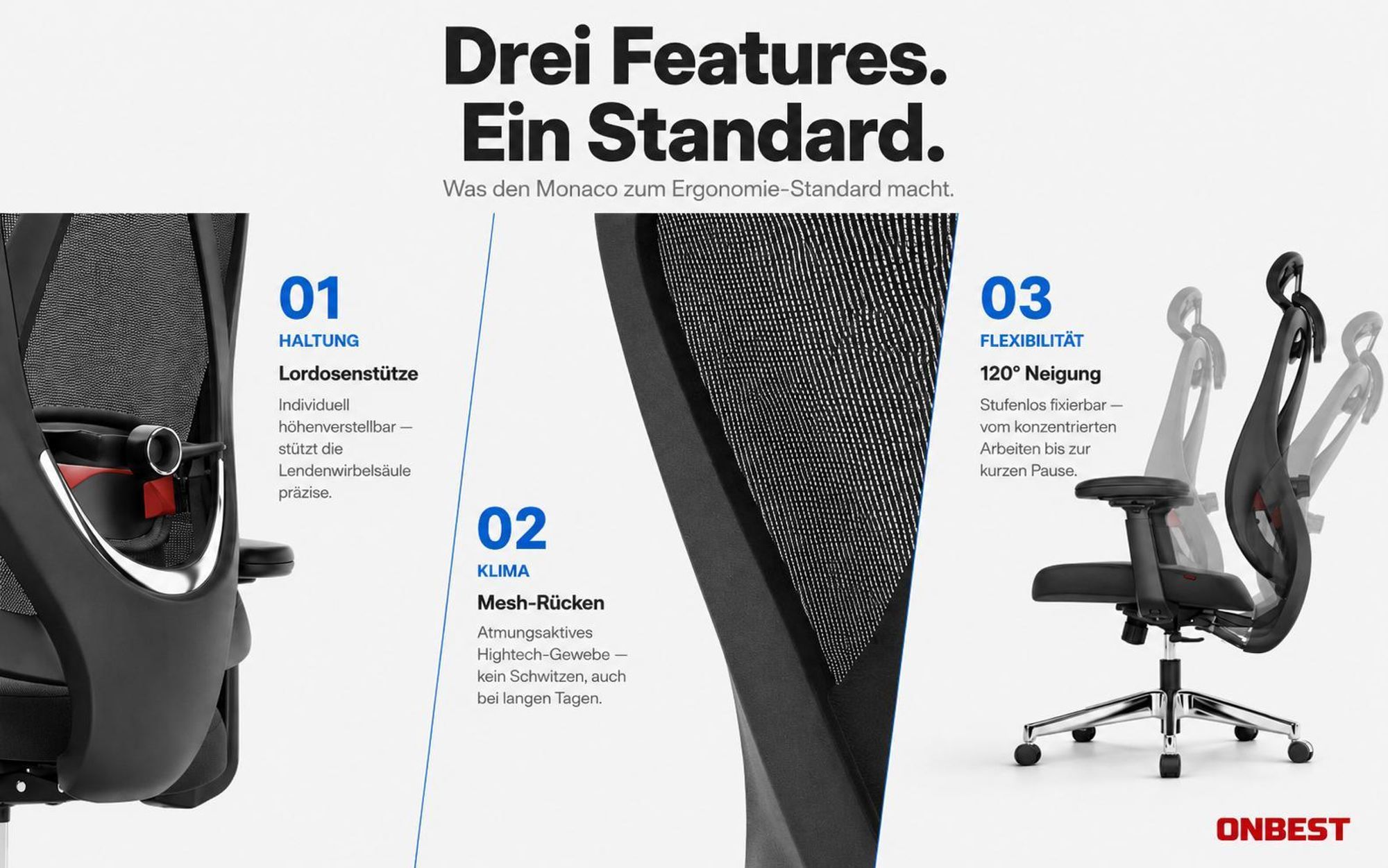 ONBEST Bürostuhl Premium Monaco | Ergonomisch | 150 kg Belastbarkeit | Mesh-Rücken | Schwarz | 360° Universalrollen