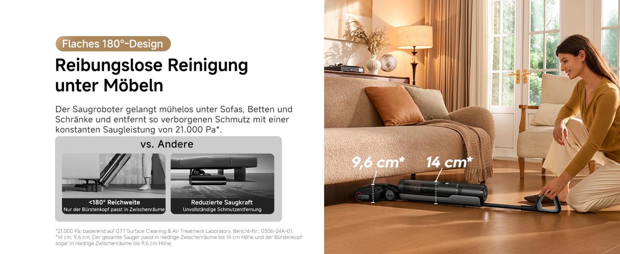 Dreame H15S Nass- und Trockensauger,3-fache Kantenreinigung,KI-Roboterarm,21000Pa Saugkraft,verhedderungsfrei,leise 90°C Trocknung,flaches 180°-Design