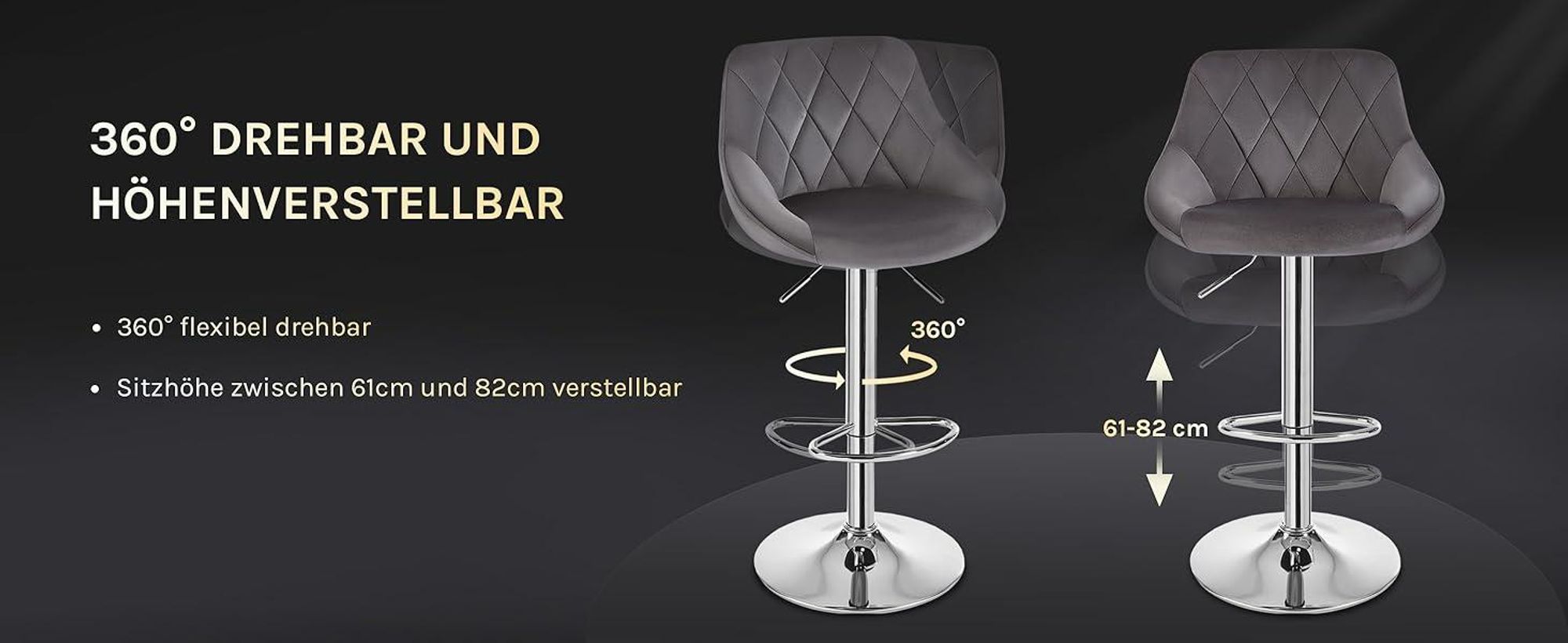 WOLTU 2er-Set Barhocker Barstuhl mit gepolsterter Sitzfläche aus Samt , höhenverstellbar drehbar, Dunkelgrau