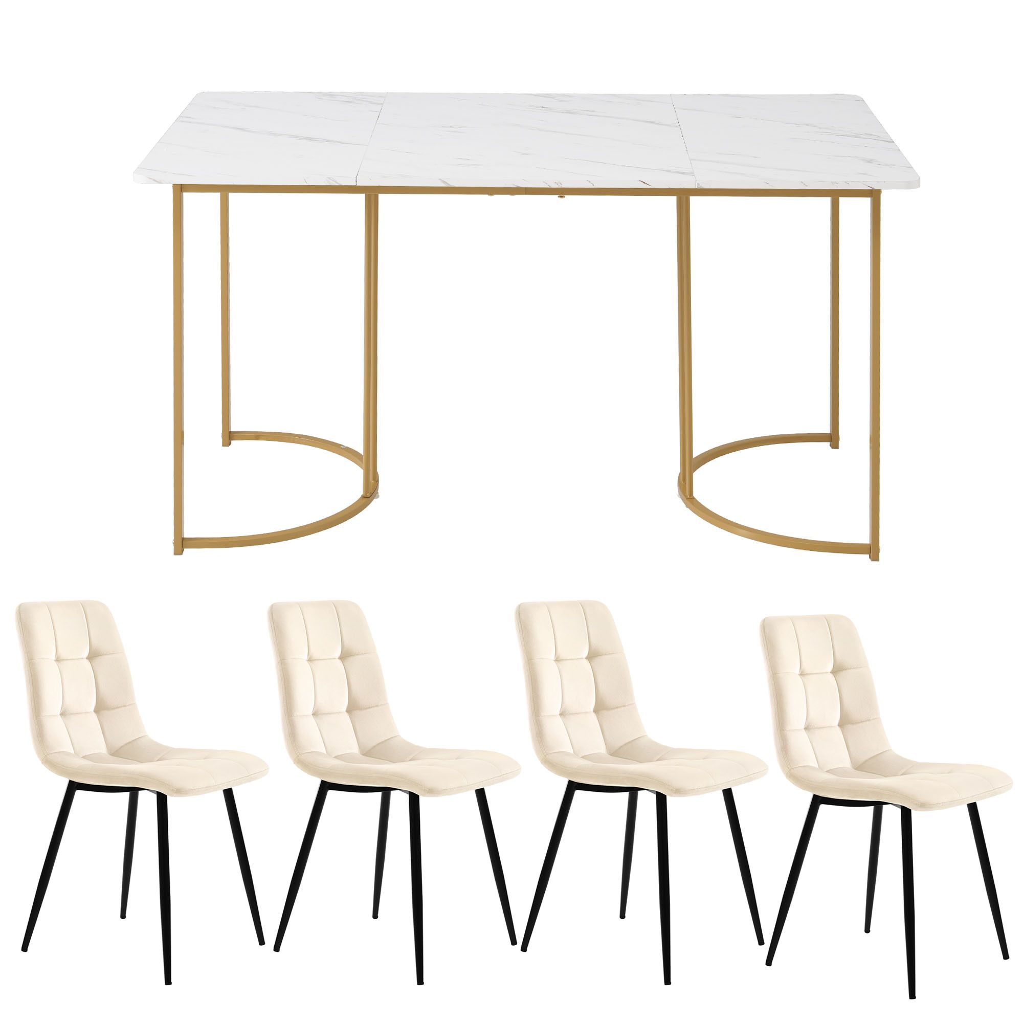 Flieks Essgruppe Esstisch mit 4 Esszimmerstuhl, Sitzgruppe Küchentischset 5tlg., Küchentisch mit 4 Esszimmerstuhl, Stuhl mit Samtbezug, Beige Gold