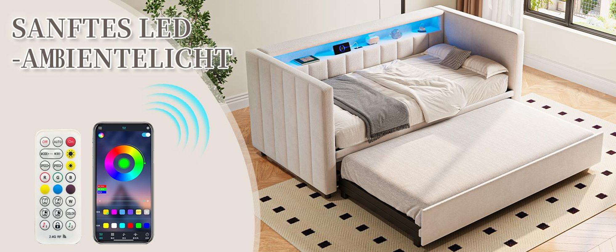 LVHOM Tagesbett ausziehbar 90/180x190cm mit Stauraum und LED, Schlafsofa mit Auziehbett, Samt Daybed mit USB und Lattenrost, Daybett, Beige