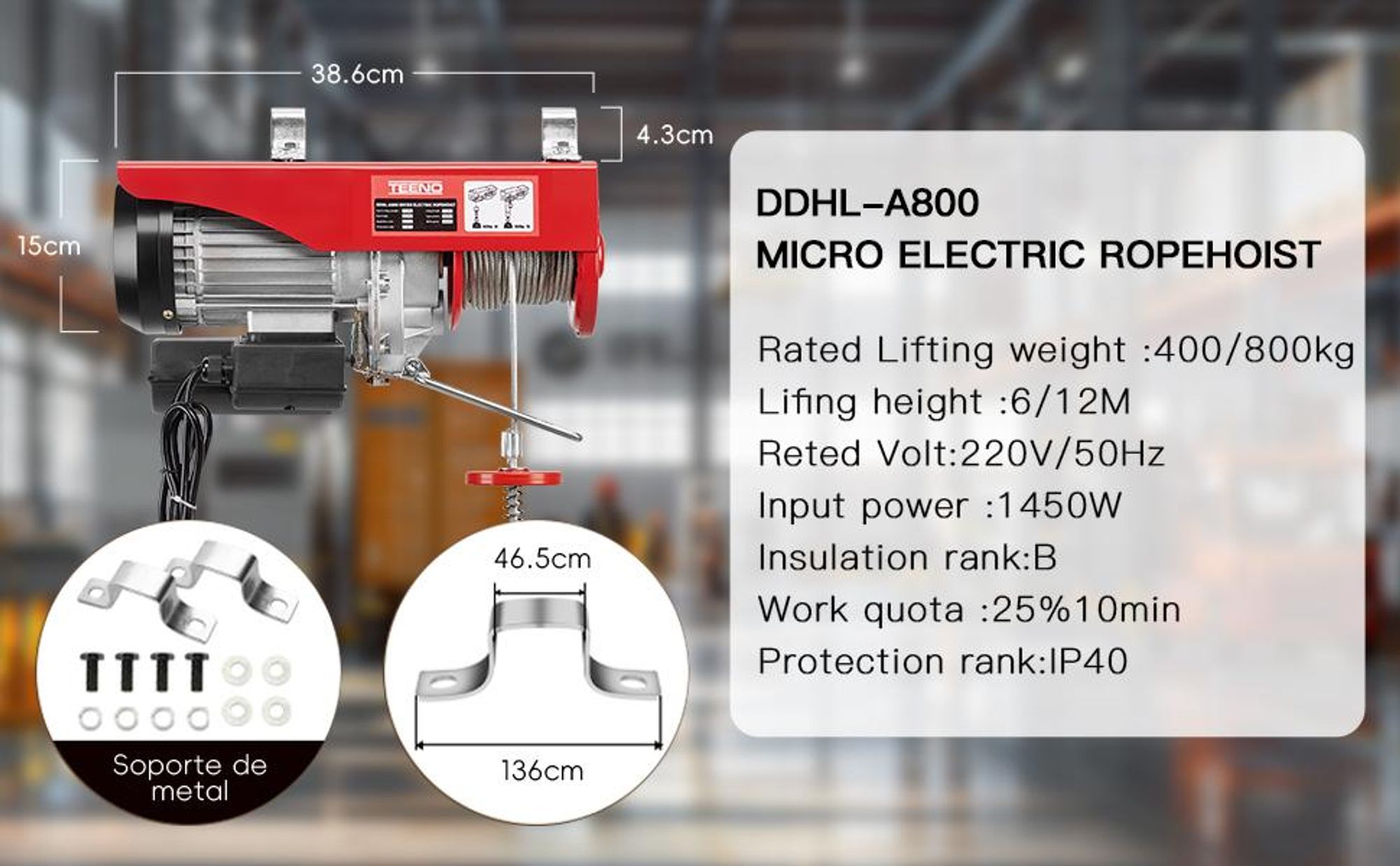 TEENO Elektrische Seilwinde 400kg bis 800kg Hubhöhe 20m Seilzug Kupfermotor 1450W Hubgeschwindigkeit Hebezug Seilhebezug Kettenzug Motorwinde