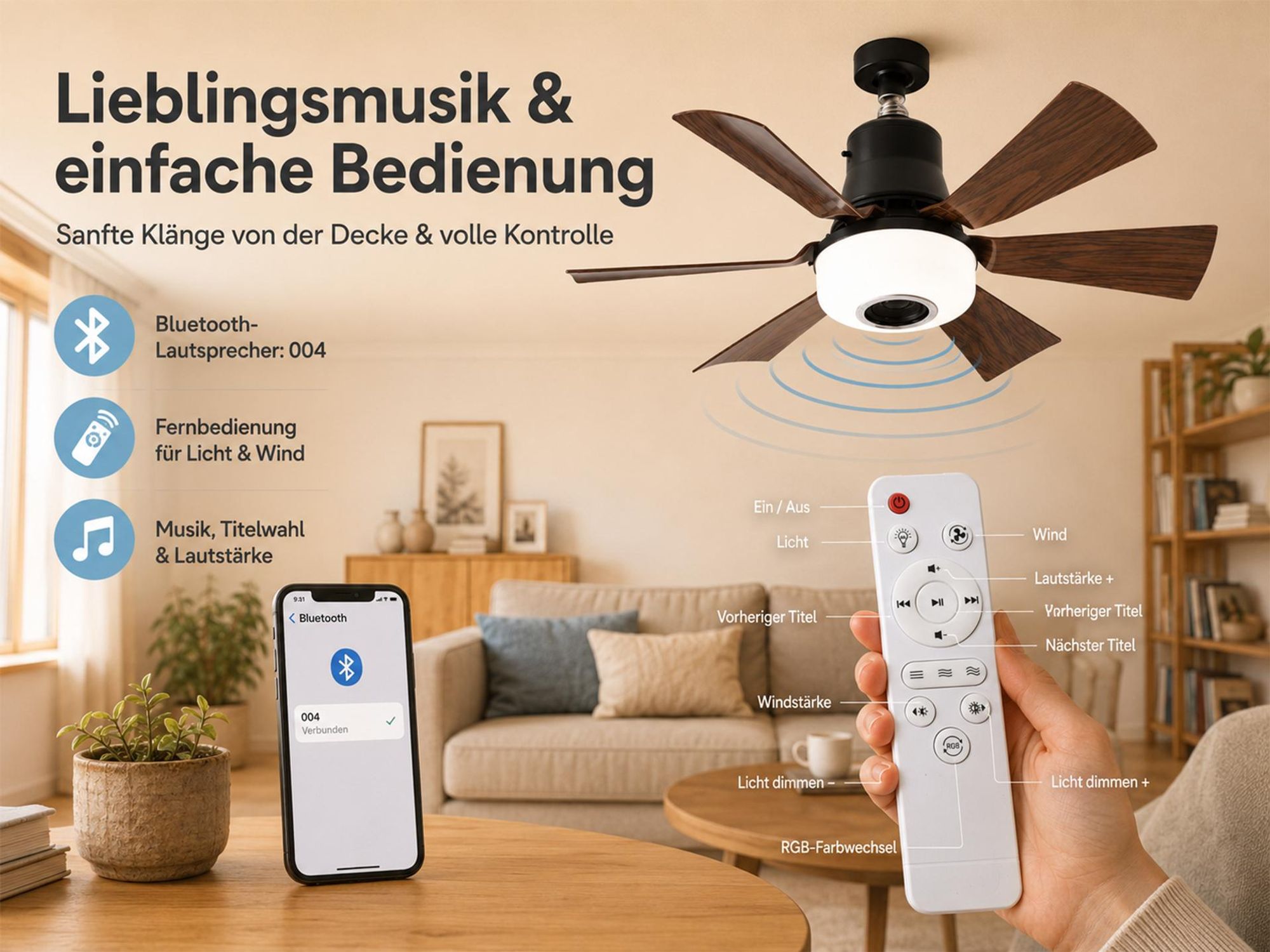 52CM LED Deckenventilator mit Beleuchtung E27 RGB Musik Lüfter mit APP Fernbedienung 40W Brushless Motor leise 6 Höhen & Neigbarer Kopf