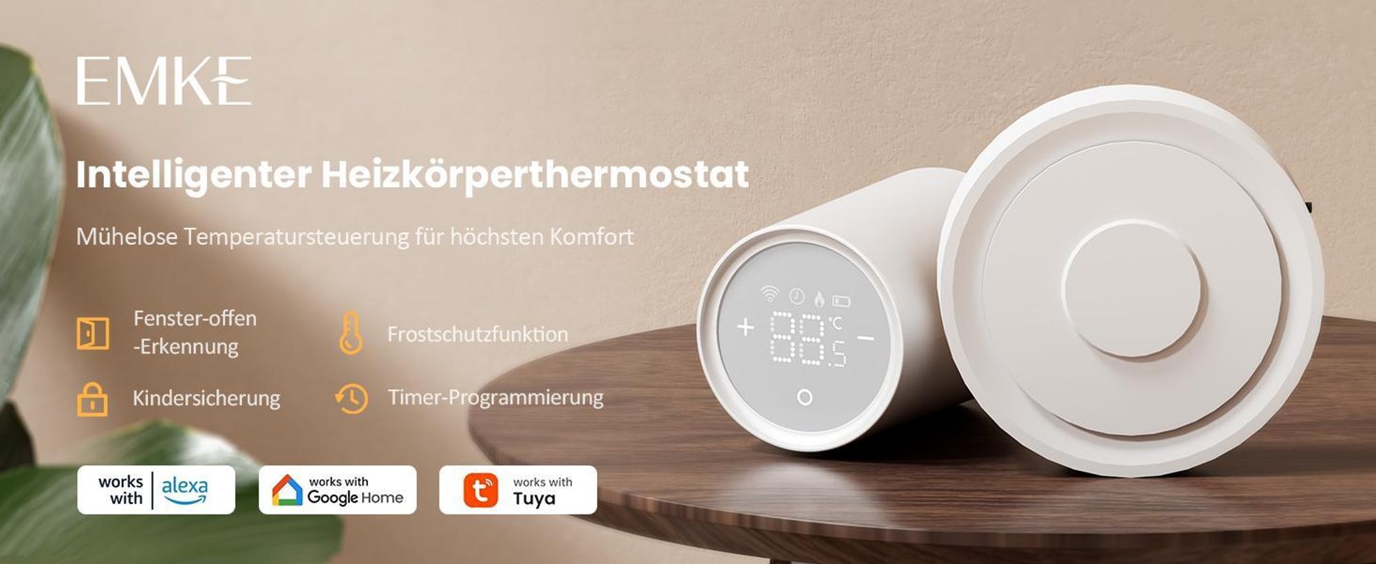 EMKE Heizkörperthermostat Intelligent mit Smart Gateway – Weiß ABS-Gehäuse Fernsteuerung Fenster-Offenerkennung & Kindersicherung