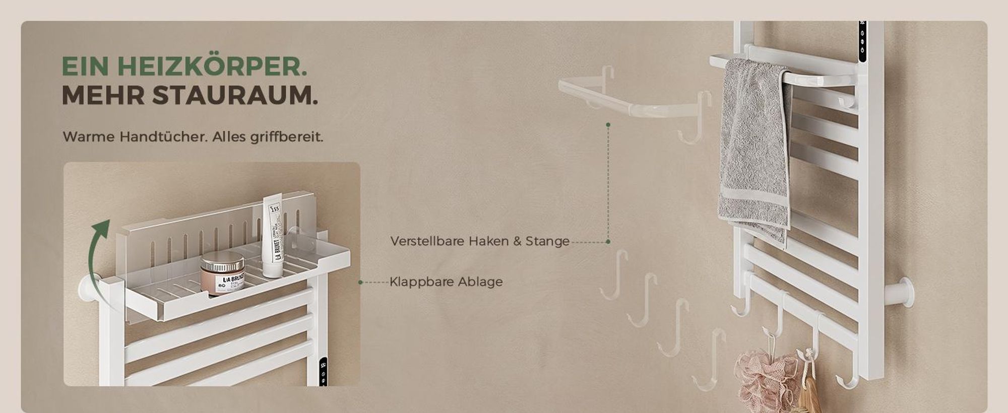 S'AFIELINA Handtuchheizkörper elektrisch mit Ablage 700×600 233W Weiß,Elektrischer Handtuchwärmer mit WLAN-App-Steuerung, Kohlefaser-Heizung