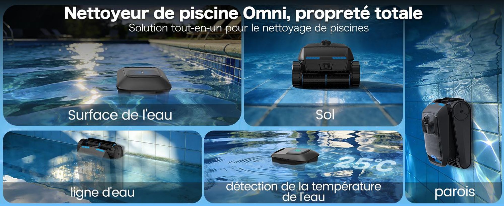 Robot de piscine AIRROBO CP400, navigation intelligente, fonction d'auto-stationnement, nettoyage tout-en-un de la surface de l'eau, du fond, des parois et de la ligne d'eau