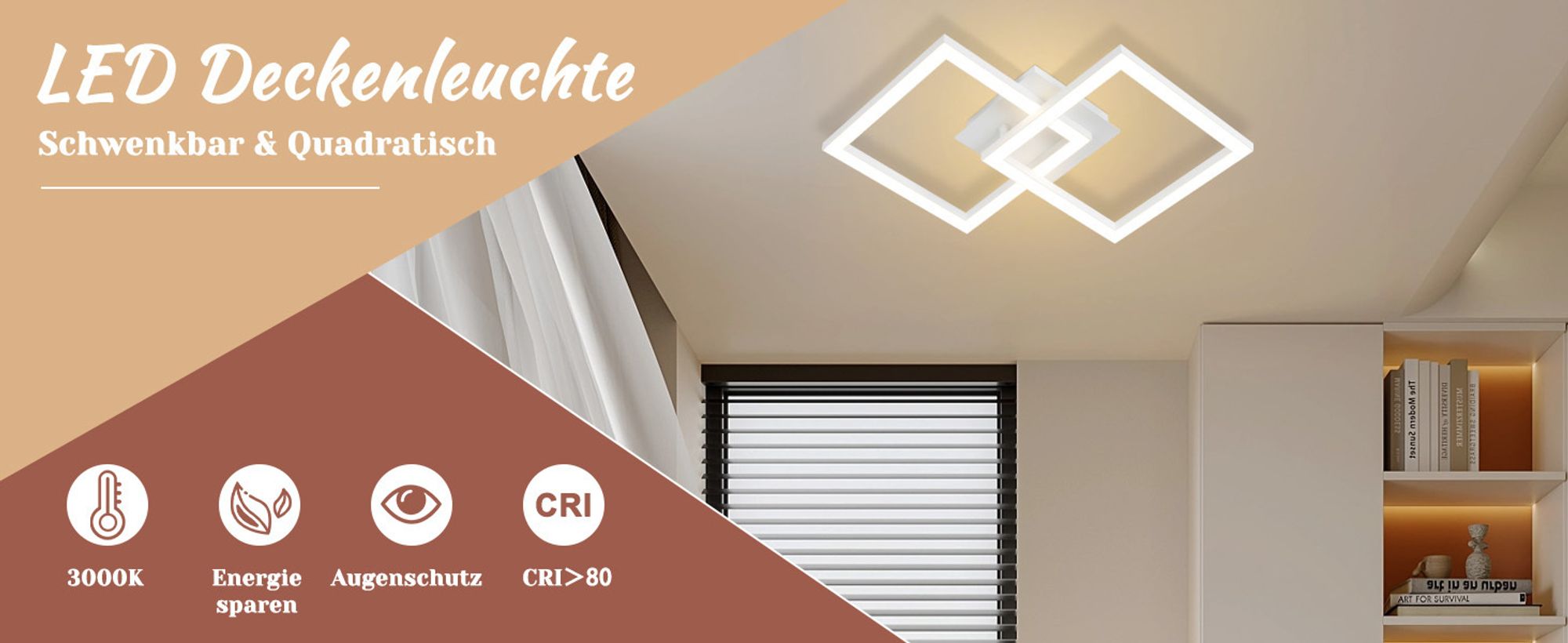 ZMH Deckenleuchten Led Deckenleuchte 24W deckenlampe Schlafzimmer Warmweiß Deckenbeleuchtung Drehbar Geometrisch für Küche Flur Büro Wohnzimmer Weiß