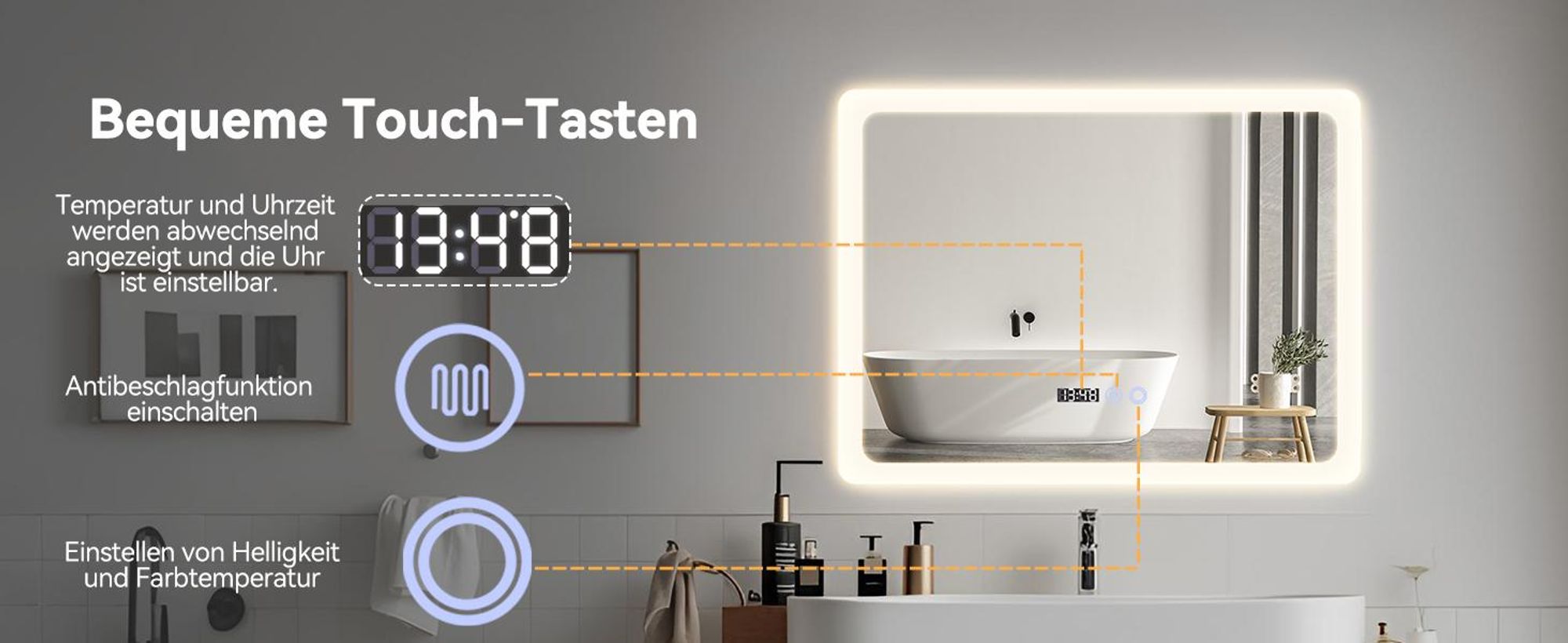 Puluomis Badspiegel mit Beleuchtung beschlagfrei 70x50, mit Uhr und Temperatur Badezimmerspiegel LED 6500k dimmbar spritzwassergeschützt