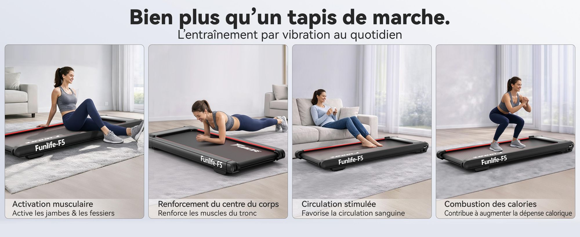 FunLife F5, tapis de marche 2-en-1 avec entraînement par vibrations – moteur sans balais, tapis de course silencieux pour la maison et le bureau, vitesse de 1 à 6 km/h, design compact
