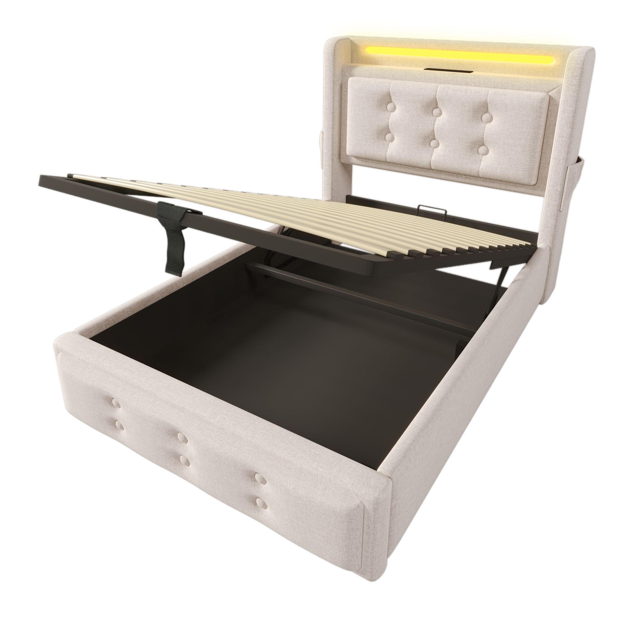 Flieks Polsterbett 90x200cm mit Ladefunktion, Einzelbett Jugendbett mit LED, Hydraulisches Stauraumbett Boxspringbett mit Lattenrost, Baumwolle, Beige