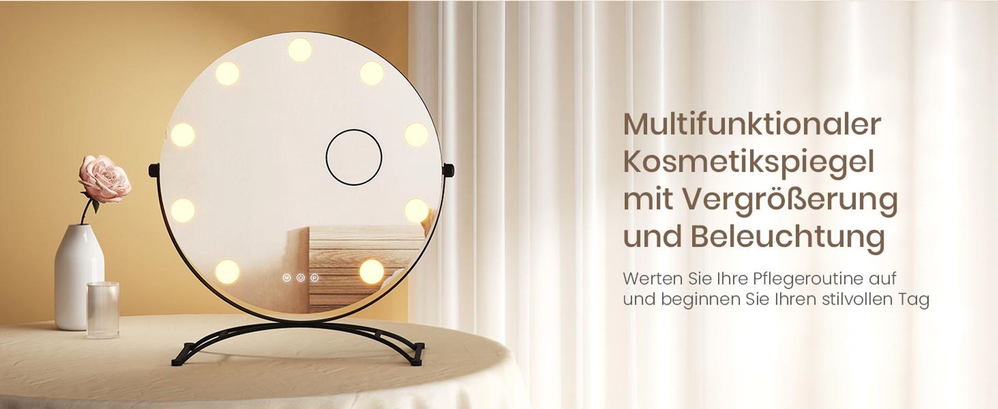 EMKE Kosmetikspiegel Hollywood 47X40cm Rund Schminkspiegel mit LED Beleuchtung und Vergrößerung 7x, 3 Lichtfarben Dimmbar, Schwarz