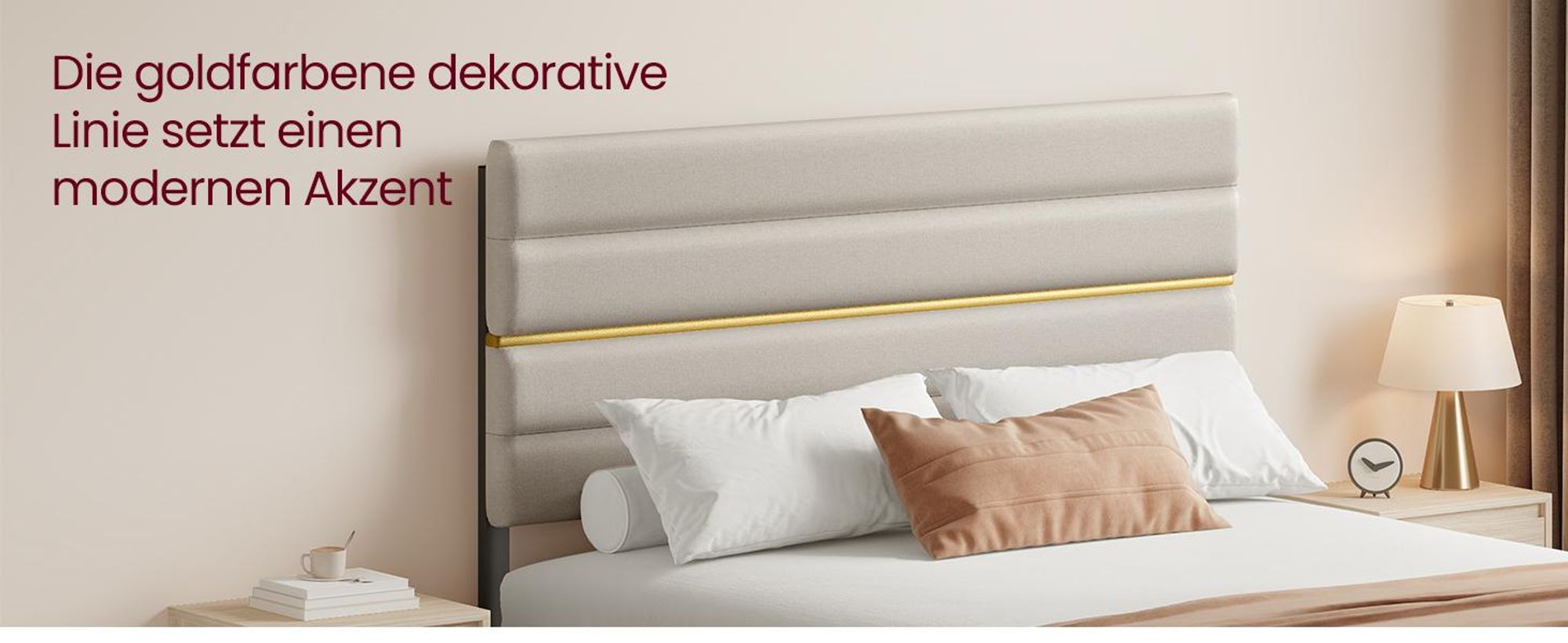 VASAGLE Bettgestell, Doppelbettgestell, passend für 160 x 200 cm Matratze, verstellbares gepolstertes Kopfteil, modern, beige