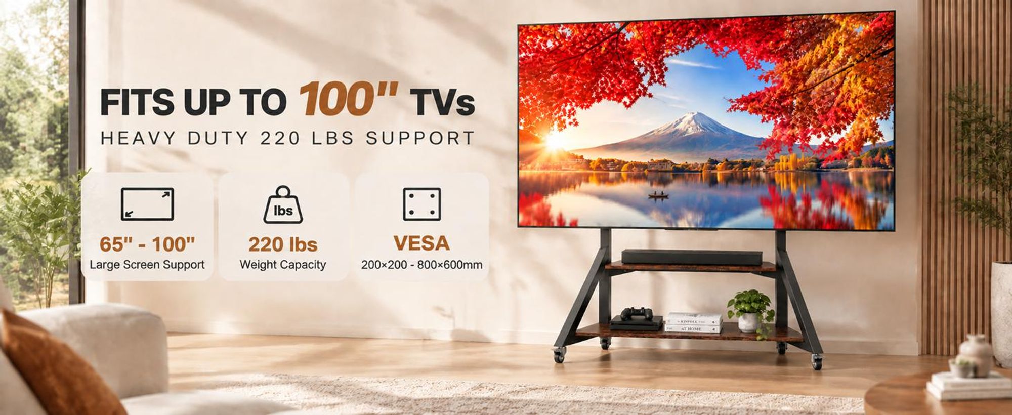 WISFOR TV Ständer Höhenverstellbar Rollbar, TV Standfuss Universal Fernsehstand mit AV-Ablagen für 65"–100", VESA 800x600mm, bis Max 100kg