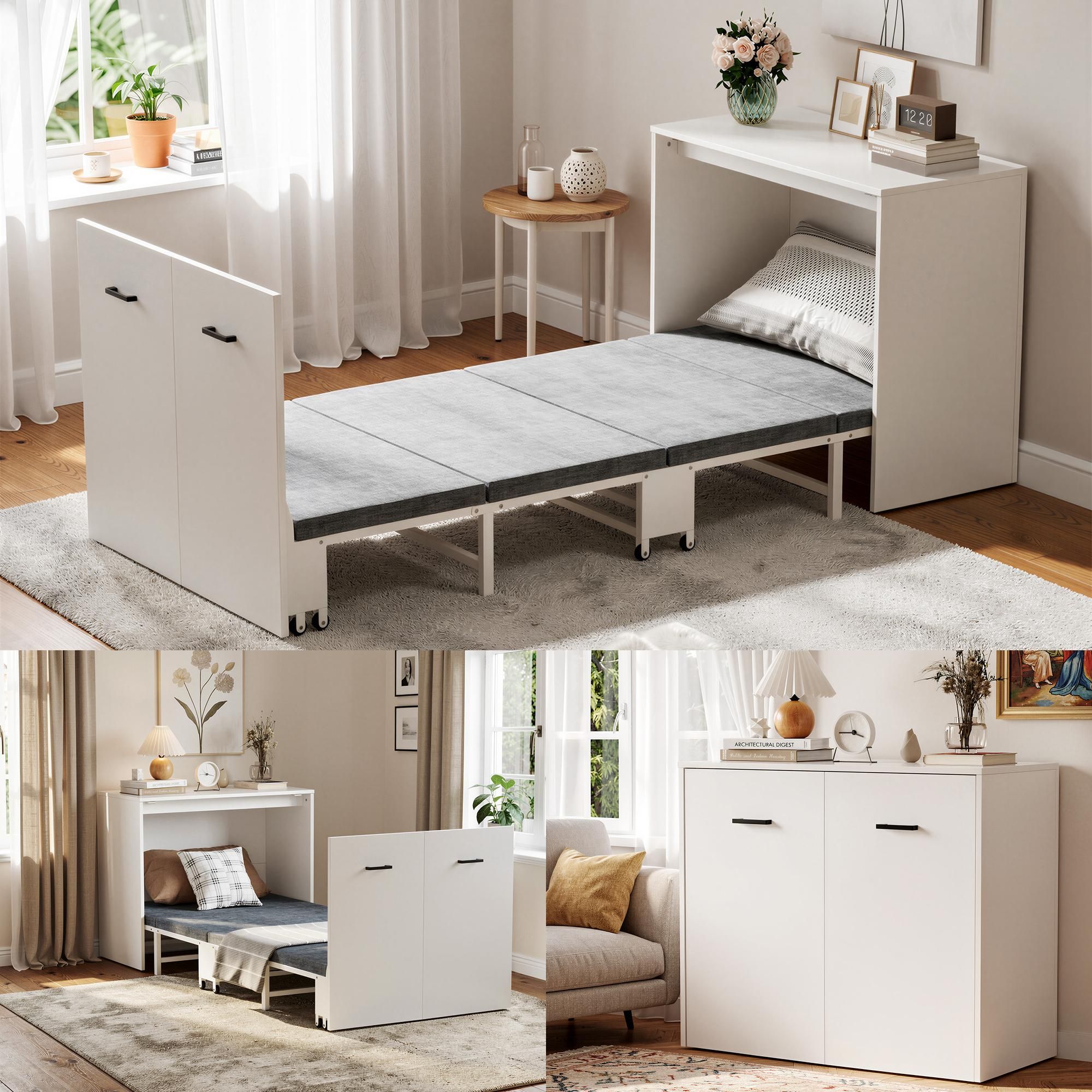 Schrankbett mit Matratze, klappbares Gästebett im Schrank,Platzsparendes Klappbett auf Rollen, 2-in-1 Möbel für Wohnzimmer & Gästezimmer, Weiß