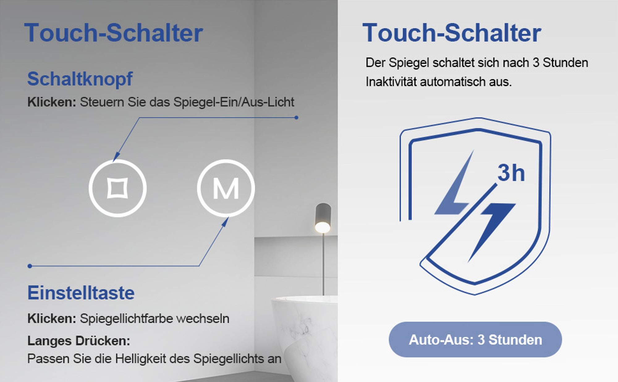 Heilmetz Badezimmerspiegel Rund ∅ 60cm LED Badspiegel mit Touch Schalter und 3 Lichtfarbe 3000-6500K Lichtspiegel Wandspiegel IP44